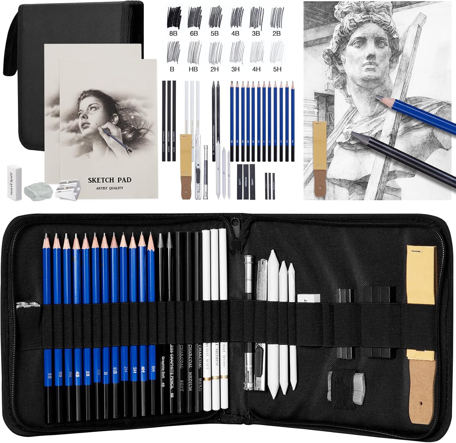37 PCS Art Set with Drawing Pencils Include Charcoal, Graphite and Sketch Pencils, Sketchbooks, Sharpener and Eraser, Ideal Painting, Drawing and Art Supplies for Kids, Beginner, Artists