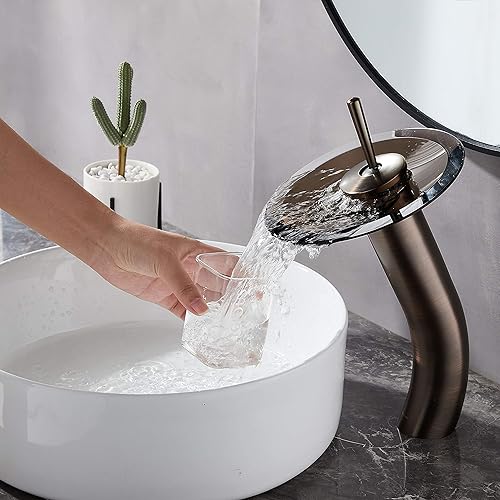 Miniatura 2 de Grifo de baño en cascada de vidrio con una sola manija de latón macizo, lavabo de lavabo, alto, bronce aceitado