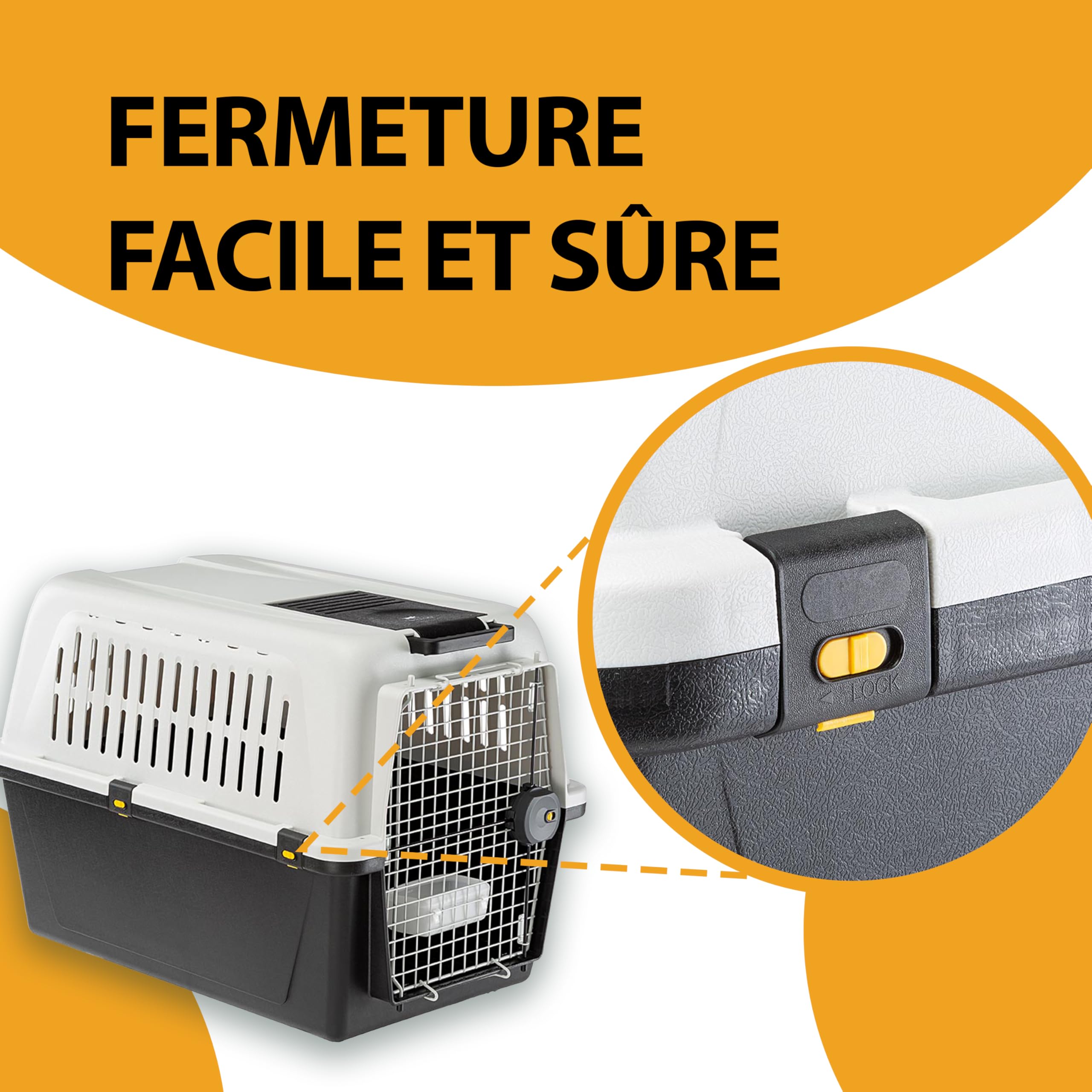 Panier de transport pour chiens de taille moyenne à grande ATLAS 50, avec écuelle et accessoires inclus, verrouillage de sécurité, grilles de ventilation