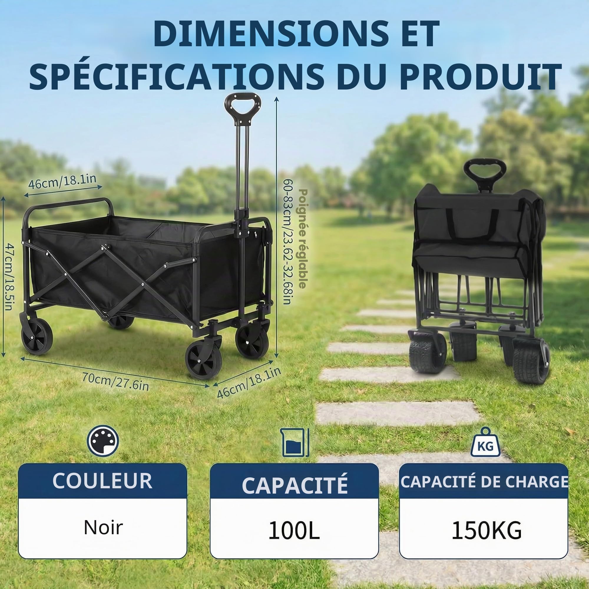Chariot de Transport Pliable de 100L avec Roues silencieuses, capacité de Charge de 150 kg (330 lbs), pour Jardin, Camping, Shopping et Pique-Nique, Chariot de Transport Pliable avec Roues Stables
