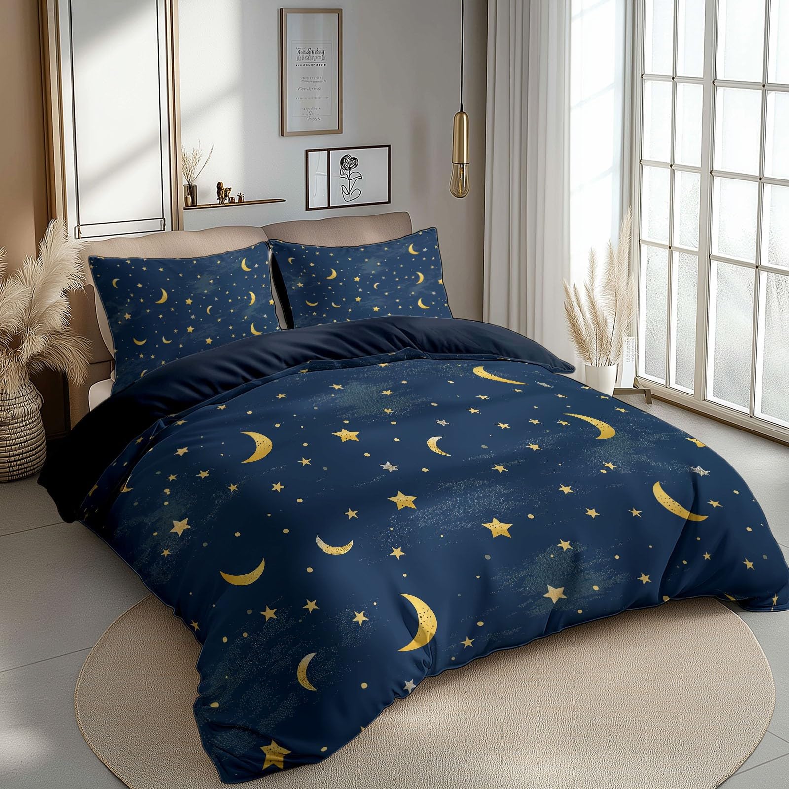 CozyRest Juego de Fundas Nórdicas Suave 3 Piezas para Cama 105 - Estrellas y Luna Tema de Cielo Estrellado Patrón Funda Edredón Poliéster Algodón 180 x 220 cm + 2 Funda de Almohada 50x75, Azul