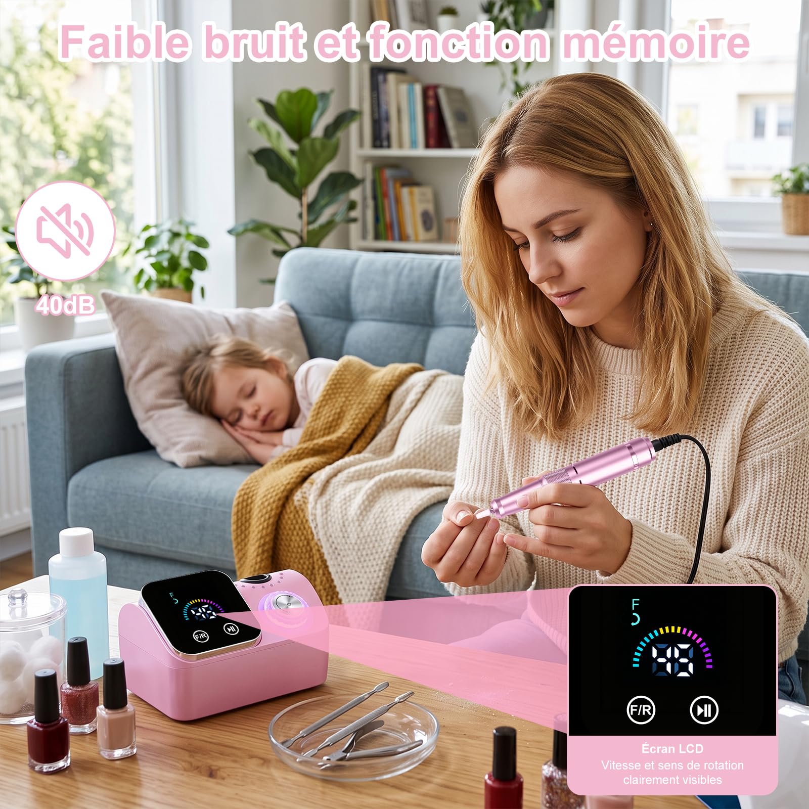 Ponceuse pour Ongles Professionnelle 45000 RPM,12 en 1 Lime a Ongle Electrique Portable,Ponceuse Ongles avec Écran LCD & Support,Lime à Ongle Electrique Silencieux,Conçu pour Les Salon,(Rose)