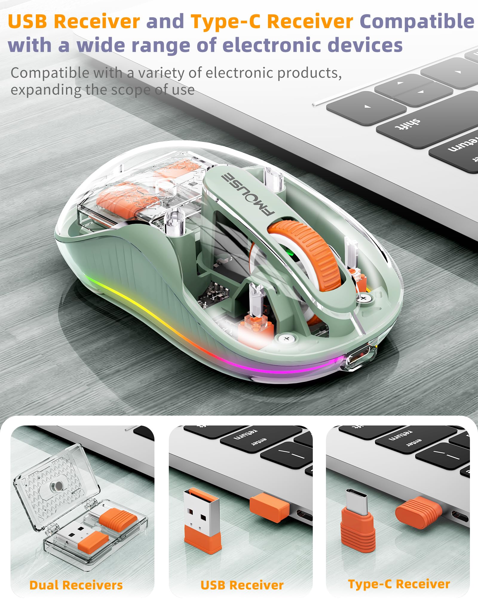 Bezprzewodowa mysz Bluetooth, przezroczysta mysz RGB Tri-Modes, Bluetooth i 2,4 GHz do wielu urządzeń, odbiornik USB-C idealna do MacBooka/laptopów, do ładowania, cicha, przenośna, fajna dioda LED