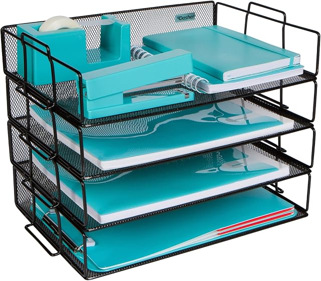 Dasher Products Stackable Paper Tray Desk Organizer 4 Tier Metal Mesh Letter Organizers for Business. Organize Files, Folders, Letters, Paper, Binders
