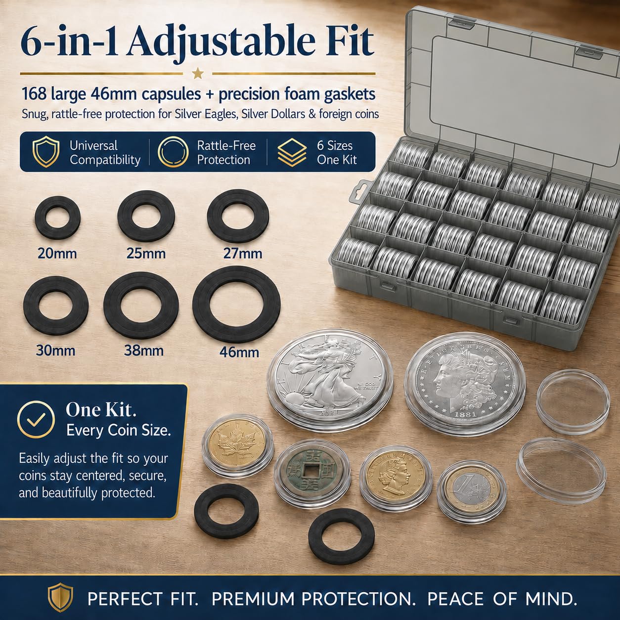 FULLCASE Lot de 168 capsules de monnaie de 46 mm avec joint en mousse et boîte de rangement en plastique, 6 tailles (20/25/27/30/38/46 mm) pour collection de pièces de monnaie (gris)