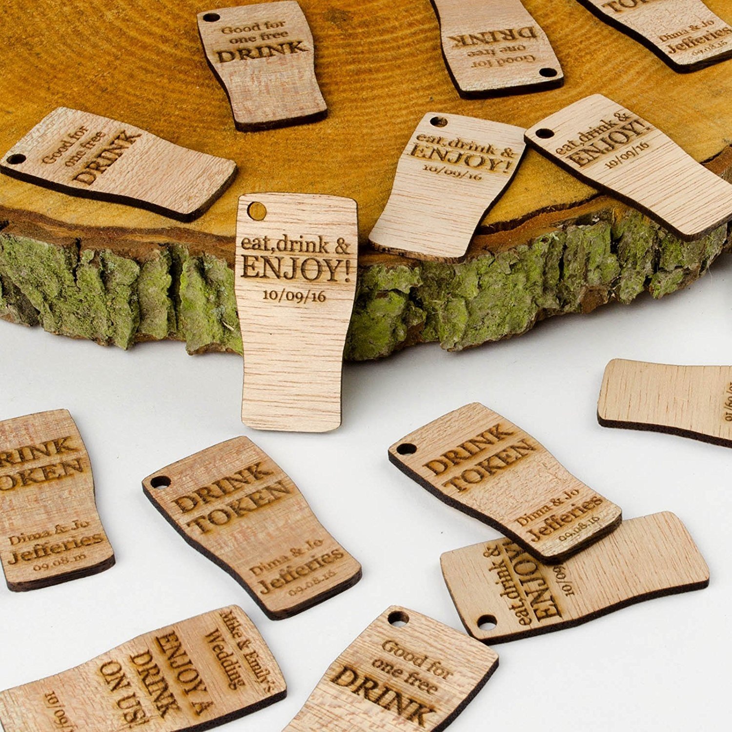 Personalised Rustic Wooden Drink Tokens or Vouchers, Pint Glass Wedding Favours, Vintage Invitations. (40)