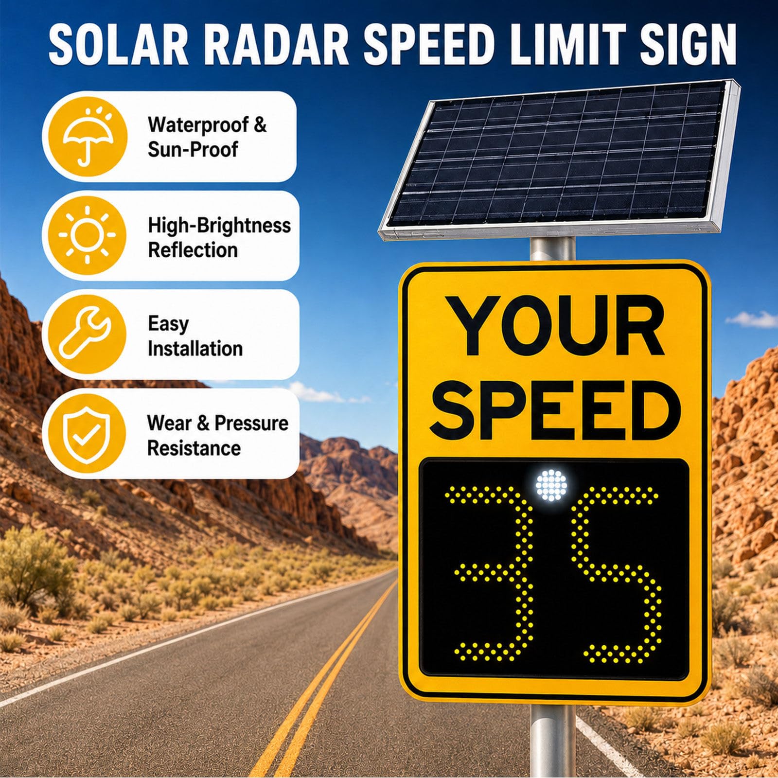 Señal de velocidad con radar alimentado por energía solar Yellow-60x75cm | película reflectante, diseño resistente a la lluvia y la nieve, para control de tráfico en carretera.