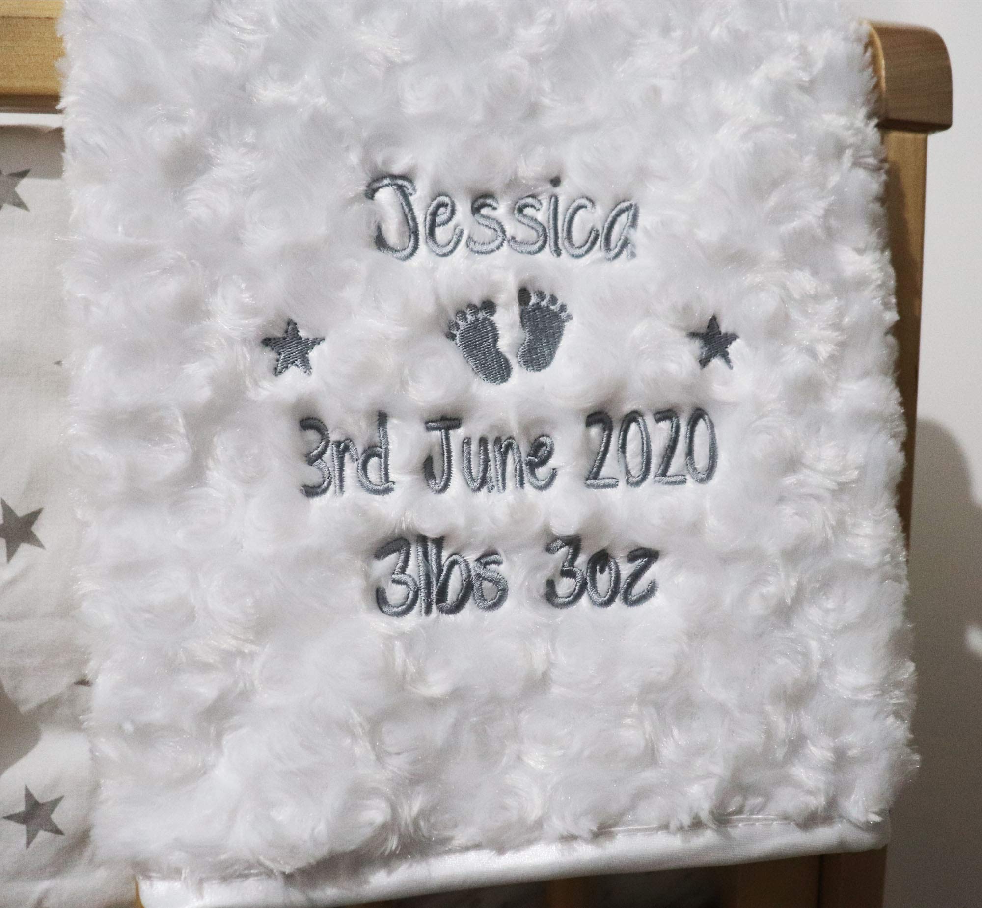 Personalised Baby Blanket Luxury Rosebud Style White Round Font Name Date Weight Print