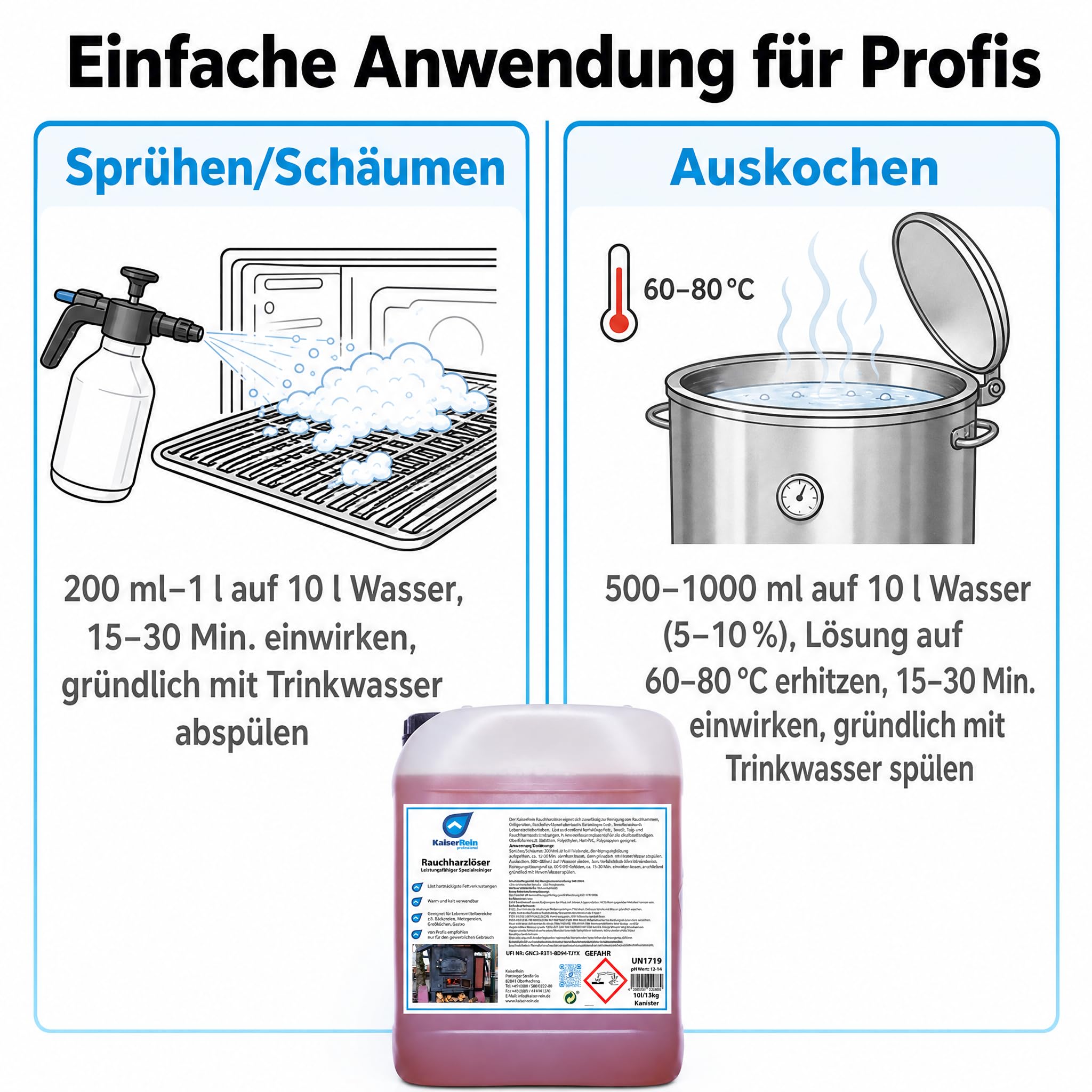 KaiserRein Grillreiniger Profi Rauchharzentferner, Backofenreiniger extra stark, 10-l-Kanister, schäumbar, warm/kalt, für Rauchkammern, Grills, Öfen, Konvektomaten, stark alkalischer Gastro-Reiniger