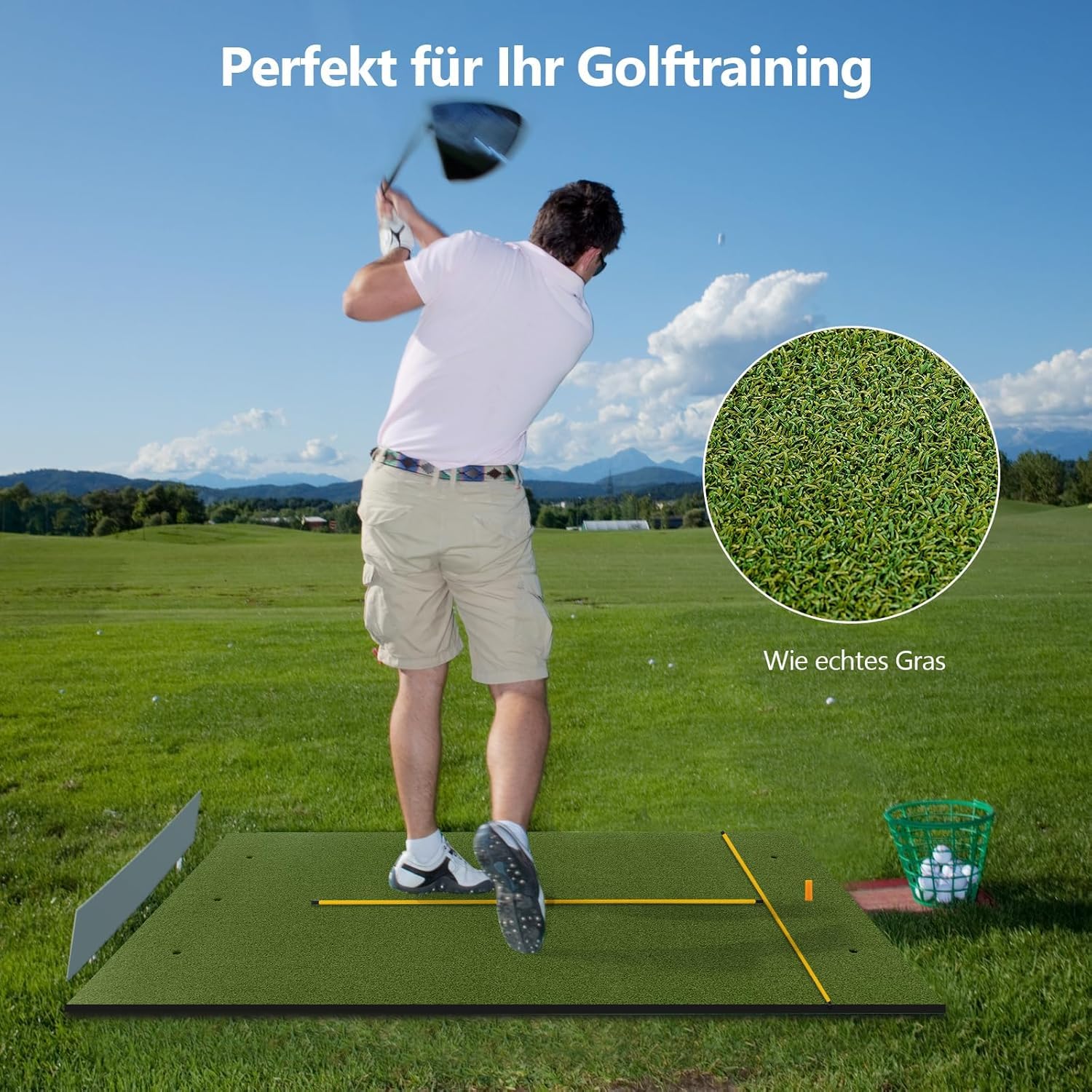 GYMAX Golf Abschlagmatte, Golf Übungsmatte mit 2 Gummi-Tees, 2 Ausrichtungsstäben & 6 Abschlagpositionen, Golf-Schlagmatte für Schwung-Training, Golfmatte für Indoor & Outdoor