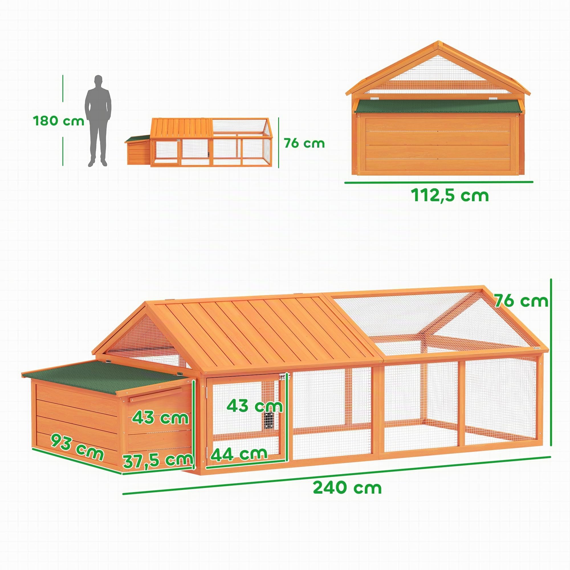 PawHut Hühnerstall Freilaufgehege mit Tür 2,4 x 1,125 x 0,76 m Orange