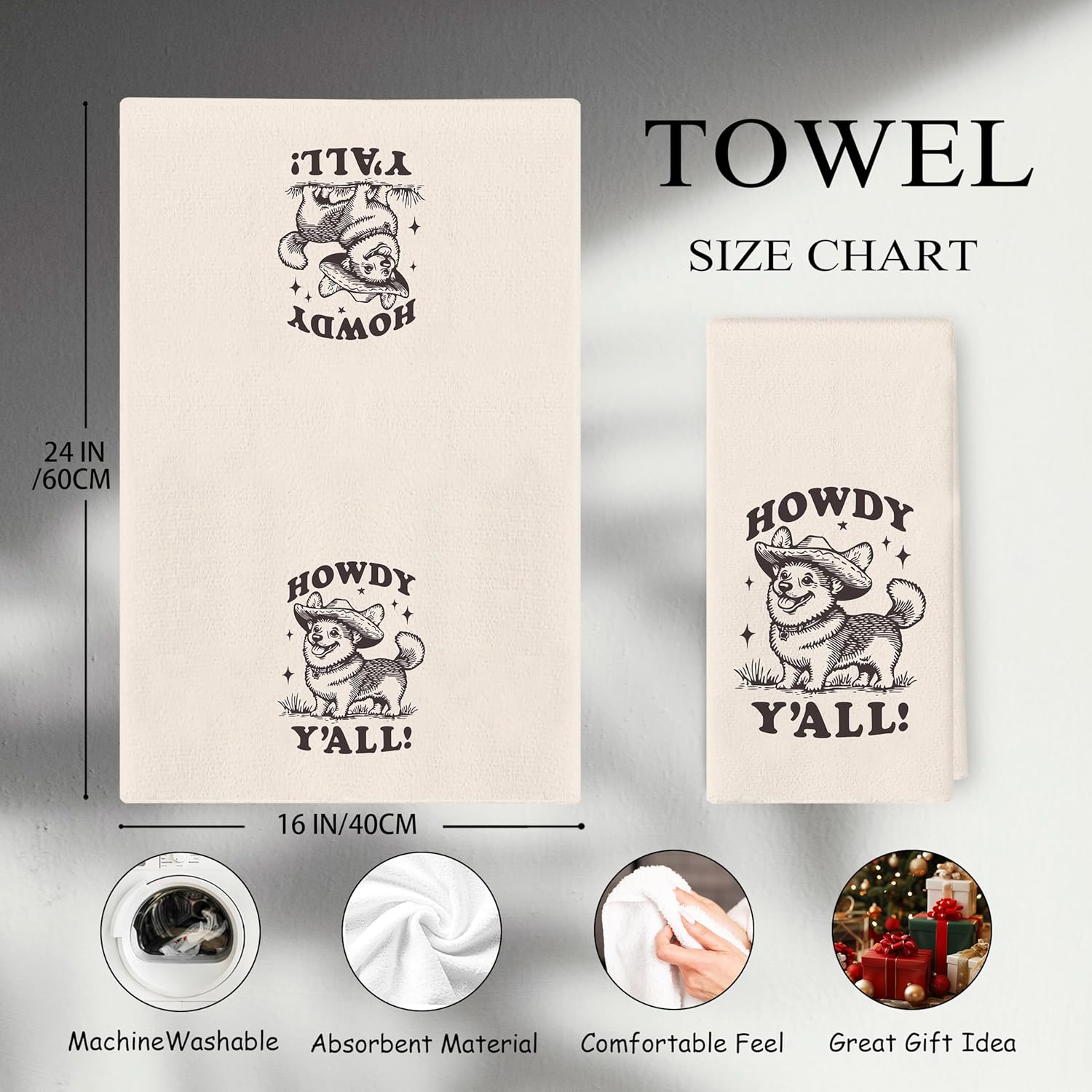 Howdy Corgi Kitchen Towels - Western Gifts for Women, Corgi Cowgirl Decor, Corgi Stuff, Howdy Y'all Dog Hand Towels Dish Towels for Bathroom Kitchen 16x24 Inch - Image 6