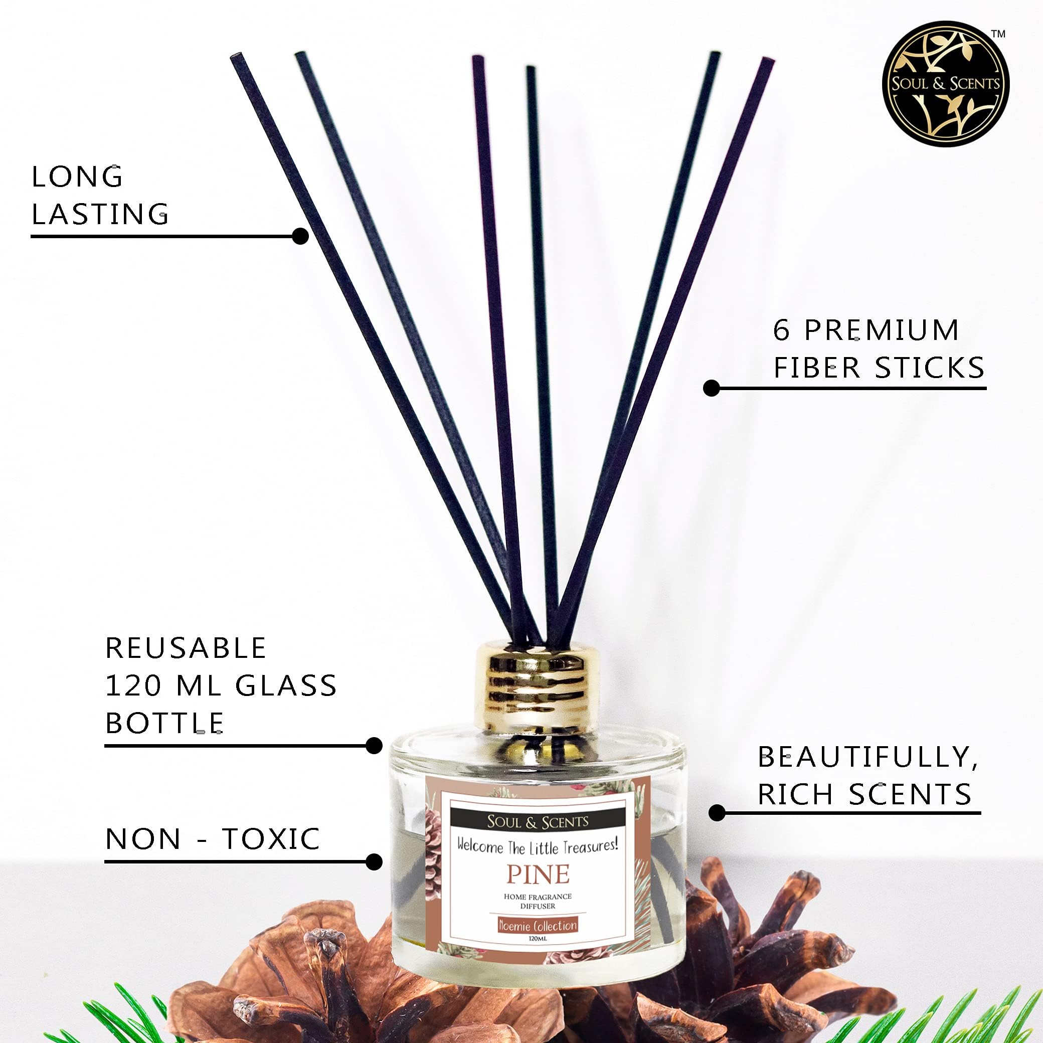 Soul & Scents Pine Reed Diffuser Set - 120ml with Free 6 Fiber Reed Sticks Each | Toxin Free & Stress Relief | Long Lasting | Smoke Less Room Freshener for Home, Bedroom & Office | Pack of 2 3
