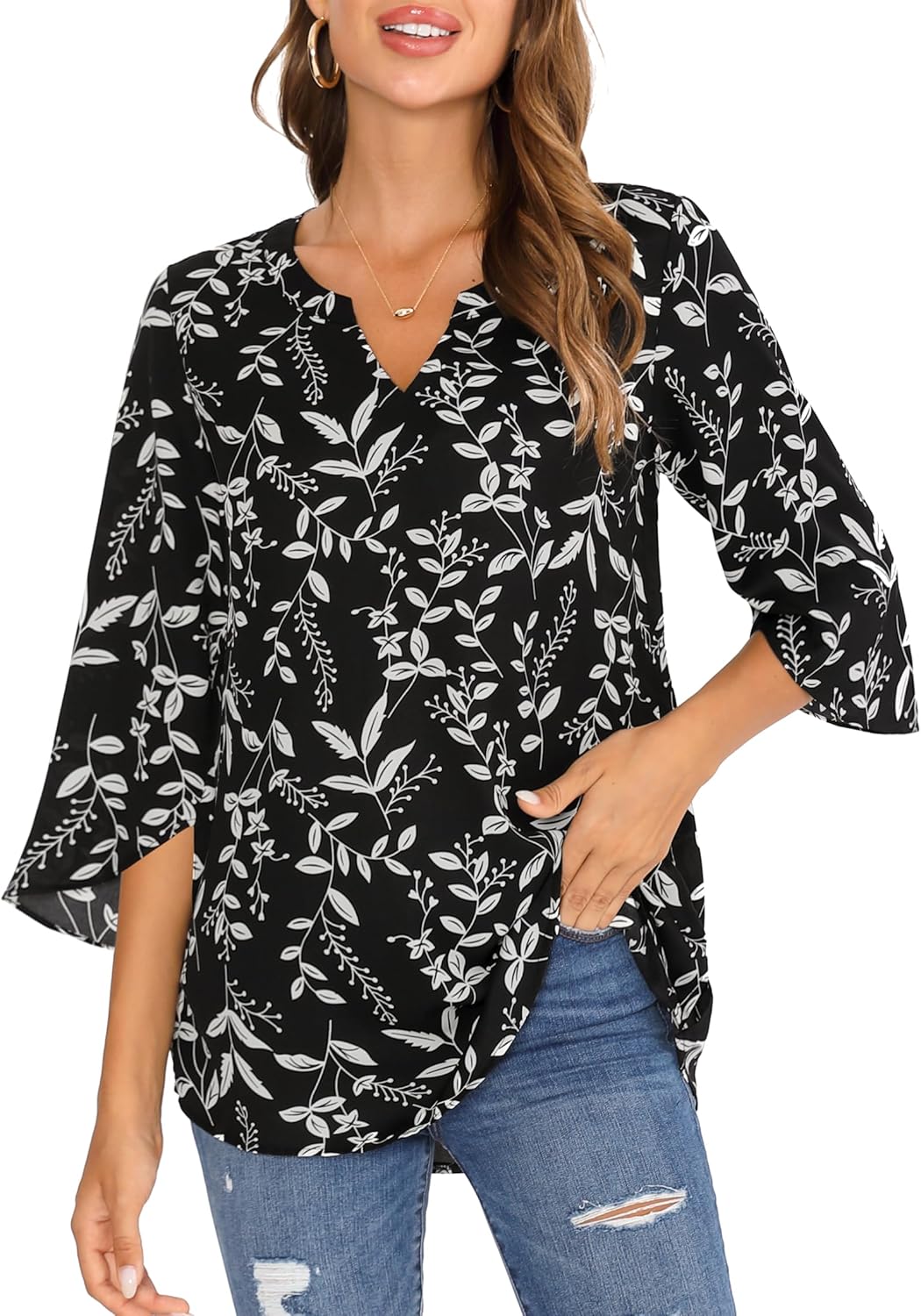 DJT Women's Casual V Neck 3/4 Calla Sleeve Chiffon Blouses Tops Side Split Dressy Shirts - Image 2