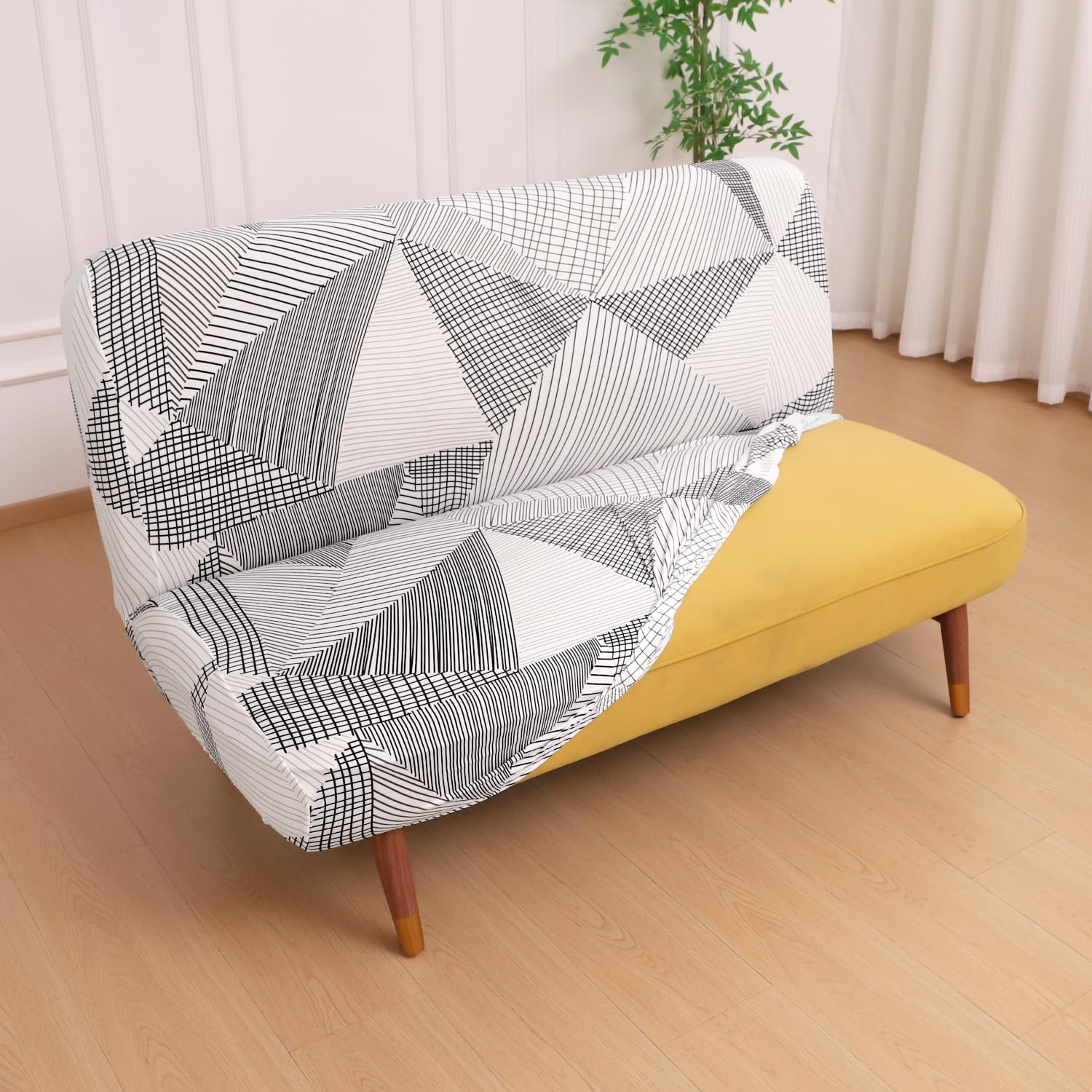 HOKIPO 'Elira Series' 140gsm Printed Armless Sofa Cover | Stretchable Sofa Cum Bed Cover | Futon Slipcover, Medium, Snow White Black Geometry (AR-6249-C9)-picture-21