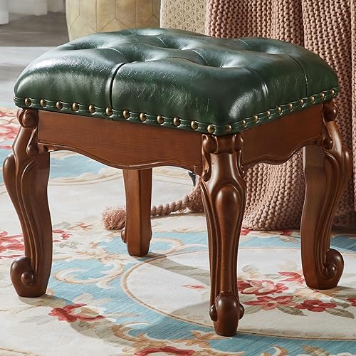Foot Stool Leather Footstool Solid Wood Vintage Foot Rest Faux Leather Ottoman Upholstered Footrest for Living RoomSofaCouch.