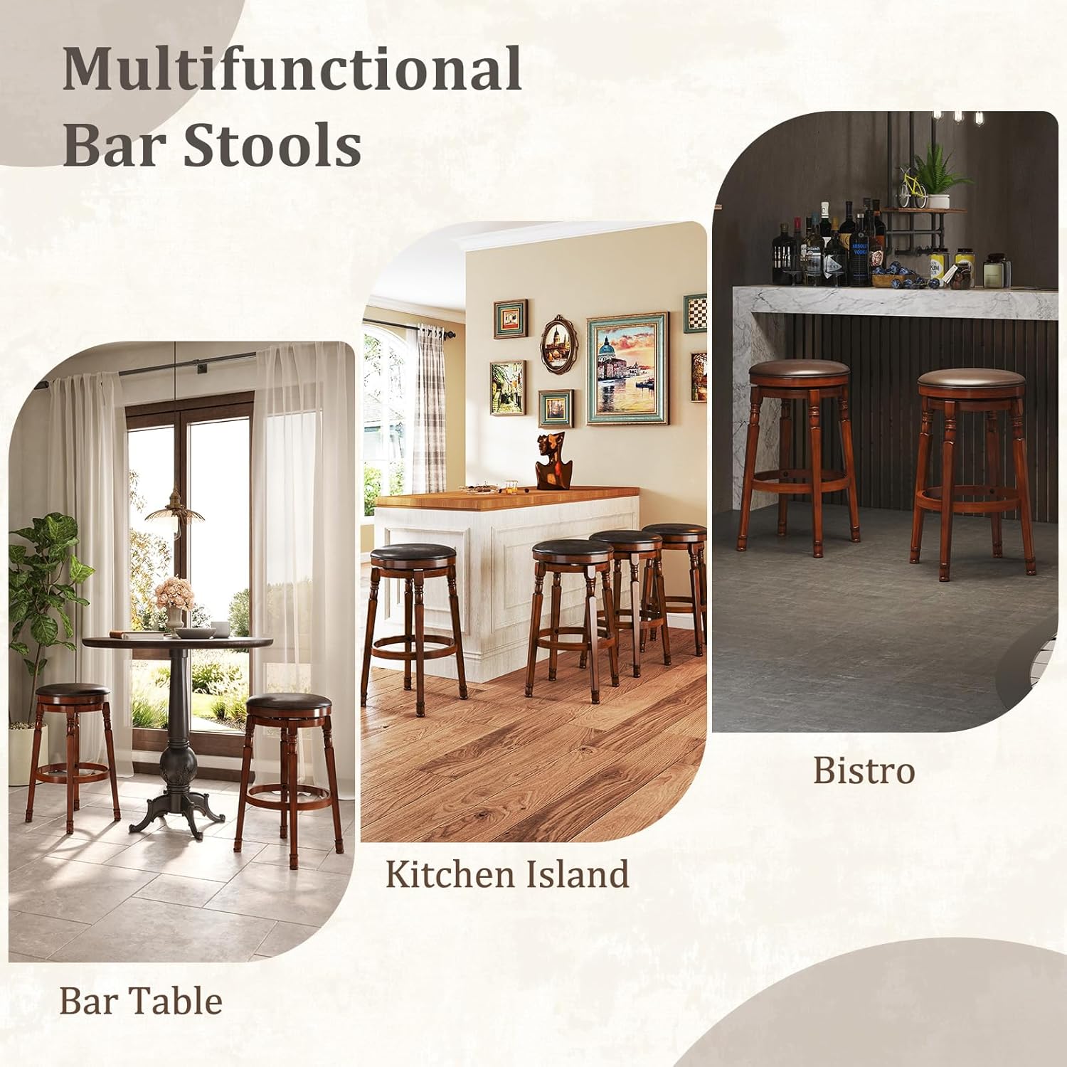 Giantex Swivel Bar Stools Set of 2, 29" Bar Height Bar Stools w/Faux Leather Padded Seat, Footrests, Solid Wooden Frame, Farmhouse Backless Barstools for Kitchen Island, Pub, Dining Room, Cafe