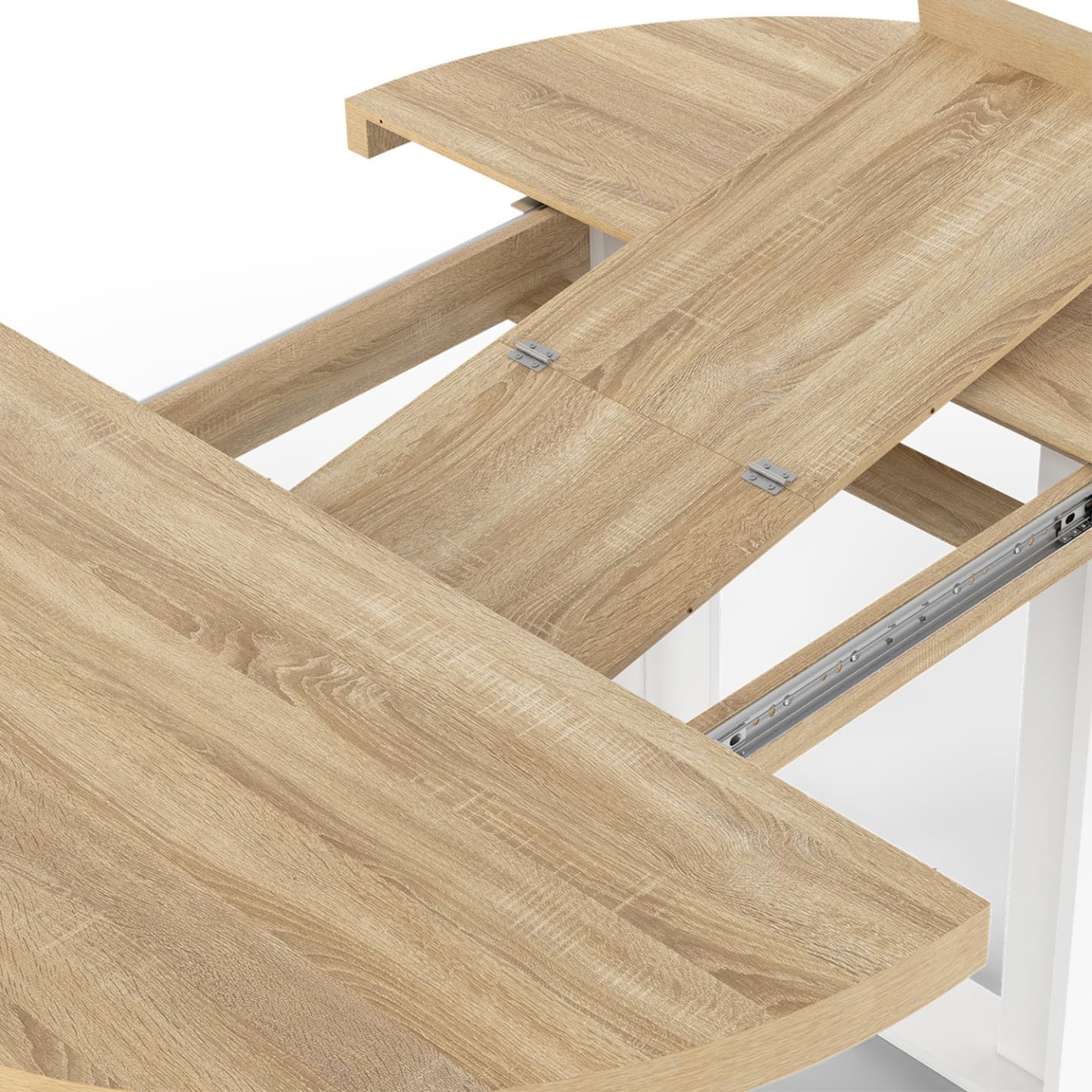 IDMarket Phoenix - Mesa de comedor extensible redonda (4 – 6 personas, madera y blanco, 110 – 150 cm)