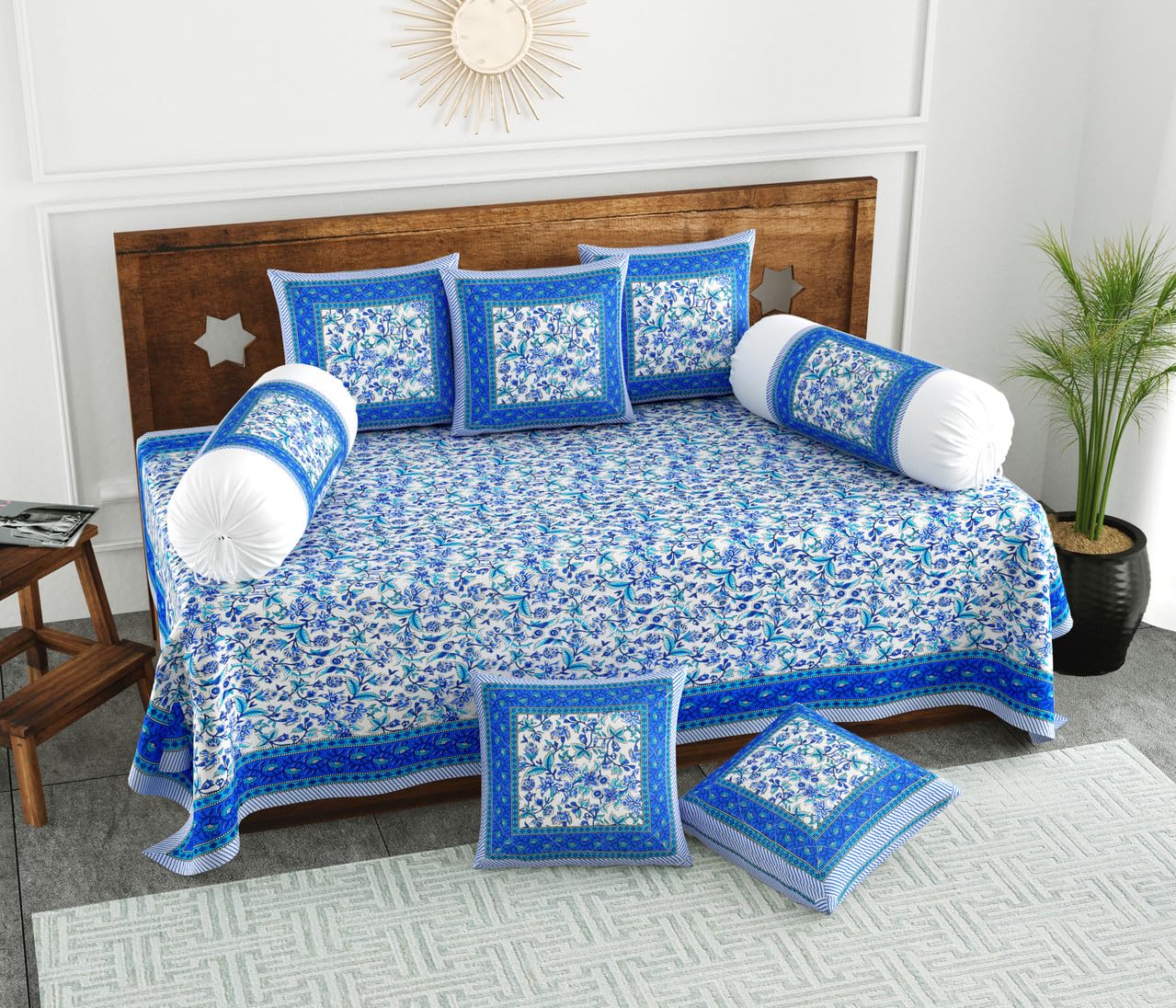 Pure Cotton Diwan Set, Sky Blue & Indigo Floral Jaal-image-28