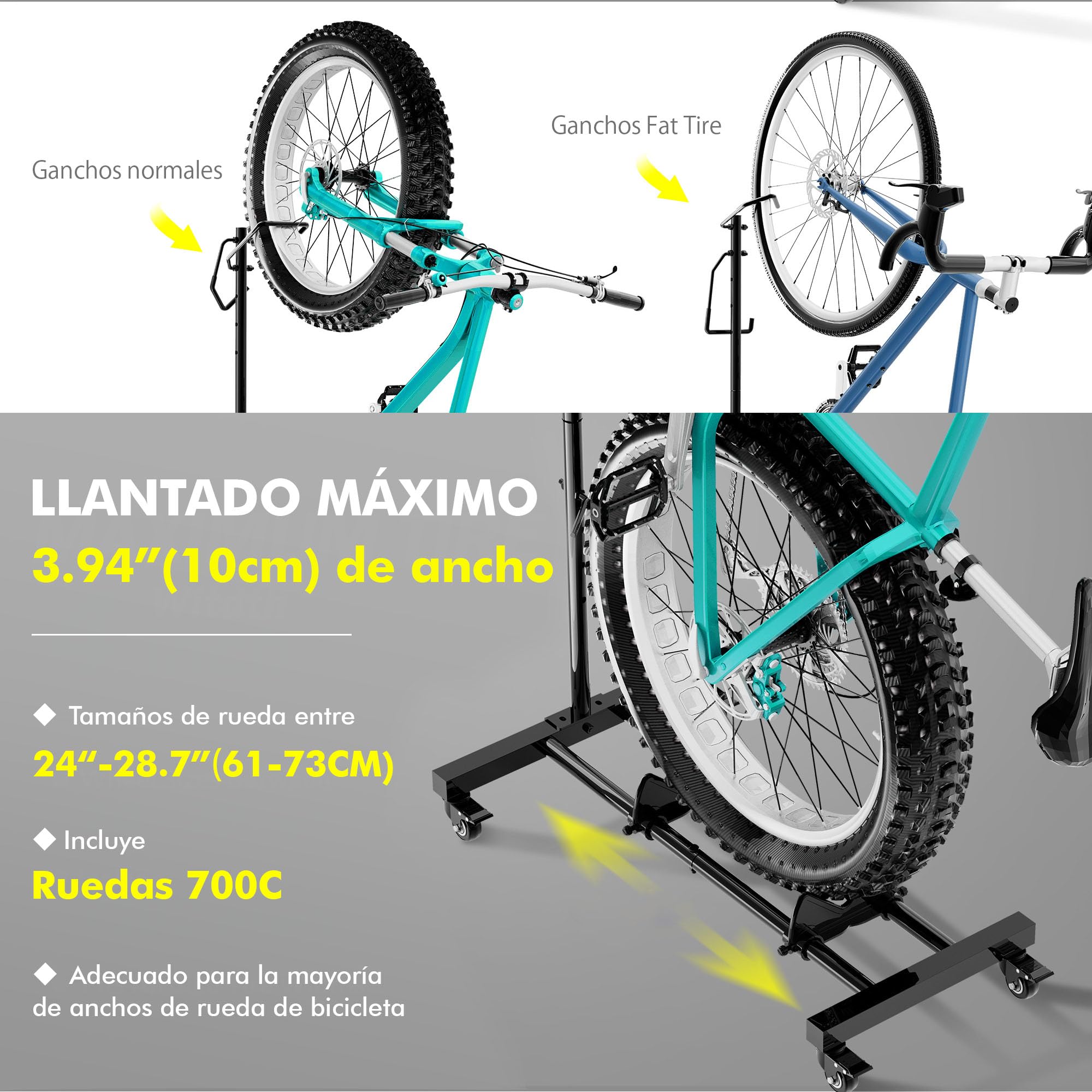 Mimoke Soporte de bicicleta con ruedas – para bicicletas de montaña y carreras de hasta 29 pulgadas, altura ajustable, ahorra espacio, ideal para apartamentos