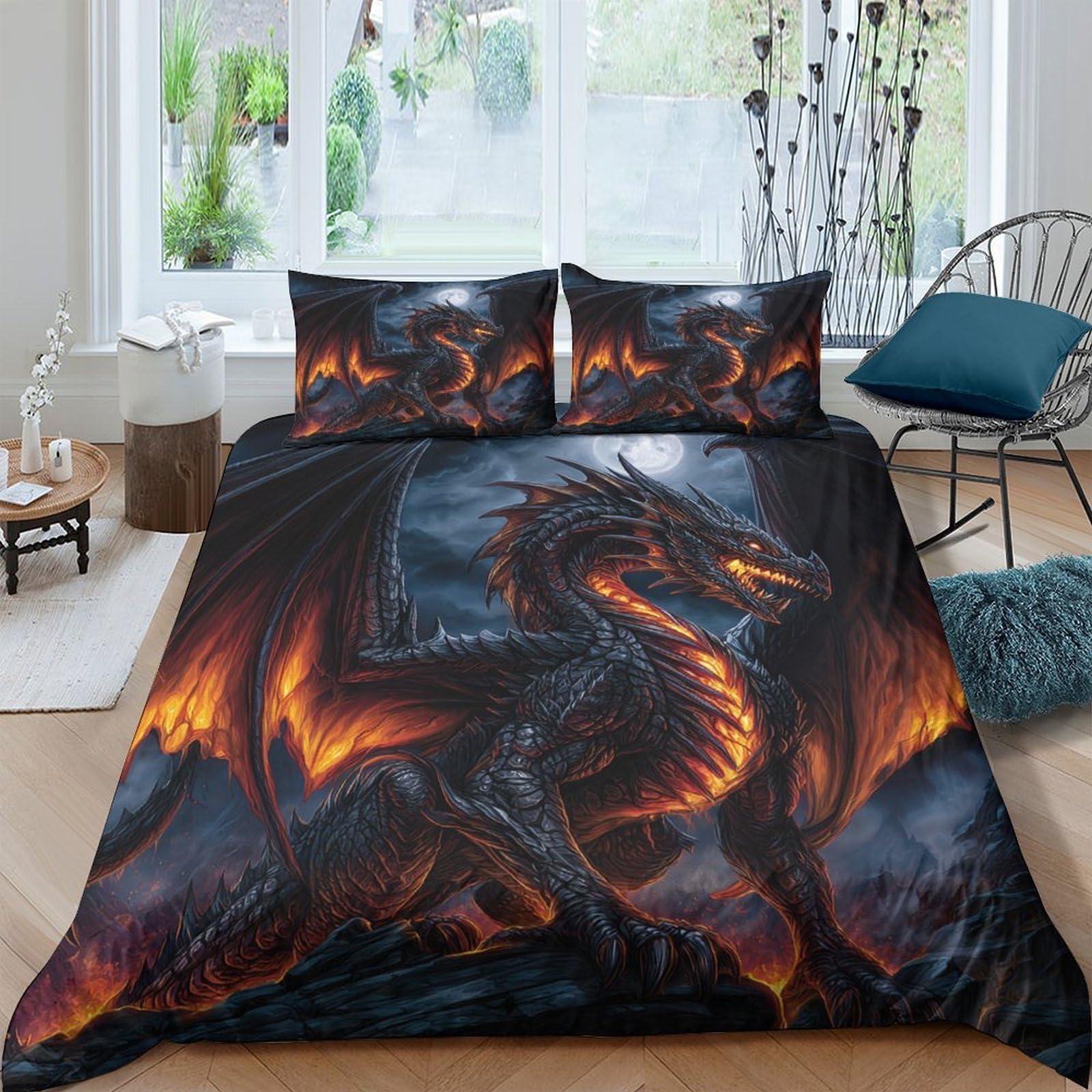 GPLZQXKJNH 3D Printed Fiery Dragon Duvet Cover Set Microfiber Soft Black Fantasy Bedding Set with 2 Pillowcases for Bedroom Decor Single（135x200cm）