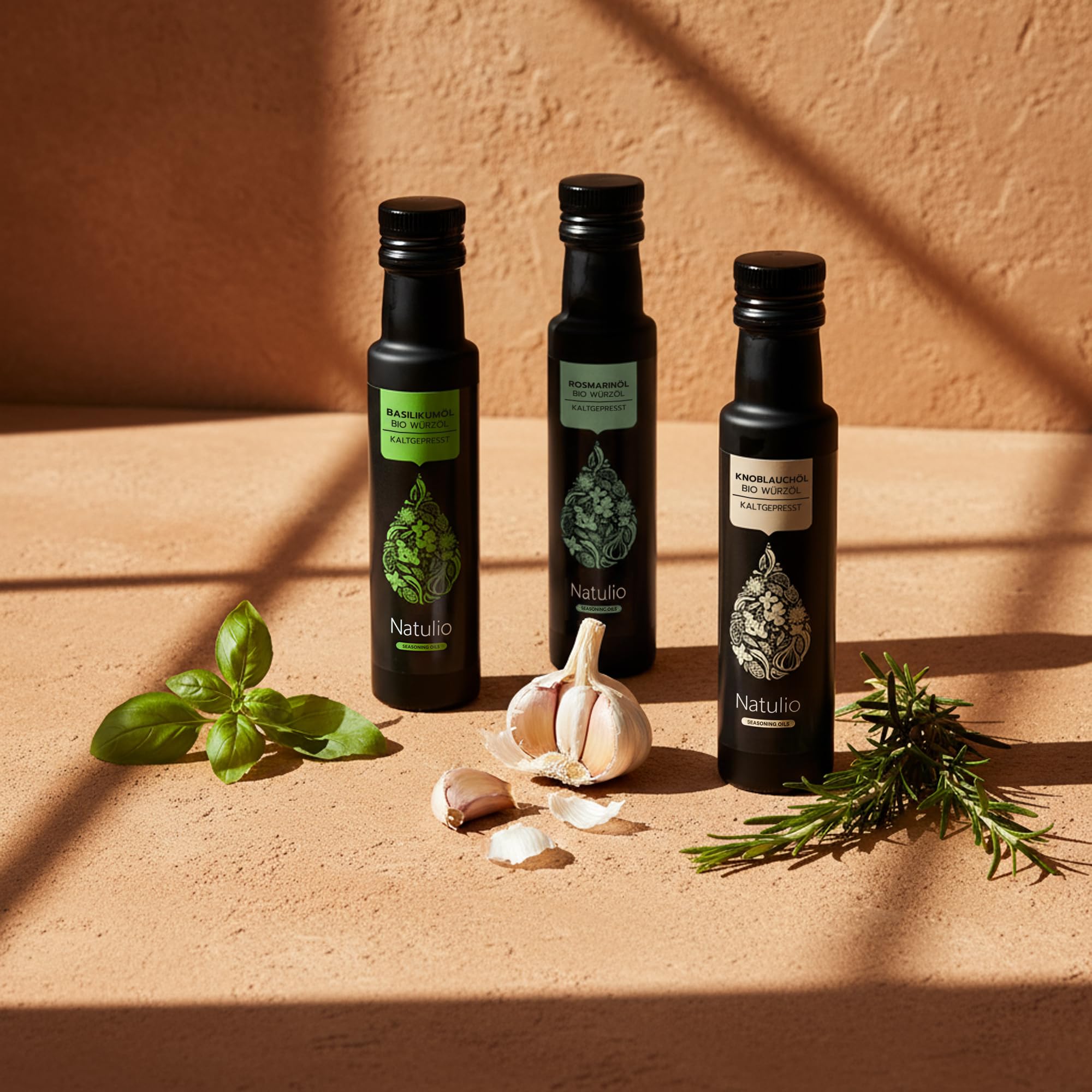 Natulio Geschenkset Bio Kräuter Trio kaltgepresst - Geschenkidee - das perfekte Geschenk für alle Feinschmecker - Geschenkset aus Basilikumöl, Knoblauchöl & Rosmarinöl - 3x100ml -DE-ÖKO-006