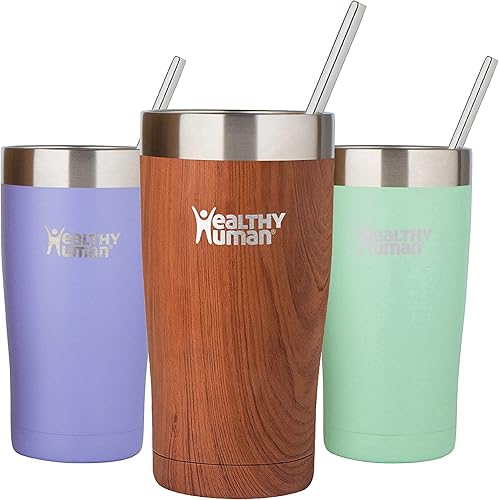 Healthy Human Vaso de acero inoxidable con popote y tapa, taza de viaje aislada a prueba de salpicaduras, vasos de café ecológicos, tazas de agua
