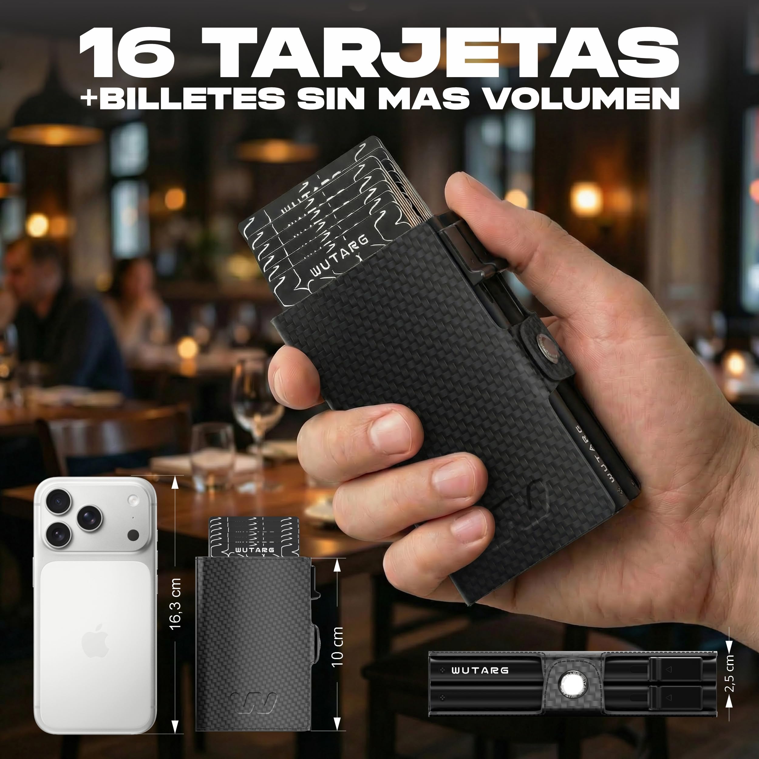 Tarjetero Hombre - Cartera Minimalista RFID NFC, Sistema Dual Slide, Metal, Cuero PU Premium, Billetera compacta antirrobo, Acceso rápido - 16 Tarjetas + 4 Billetes (Deluxe Carbon)