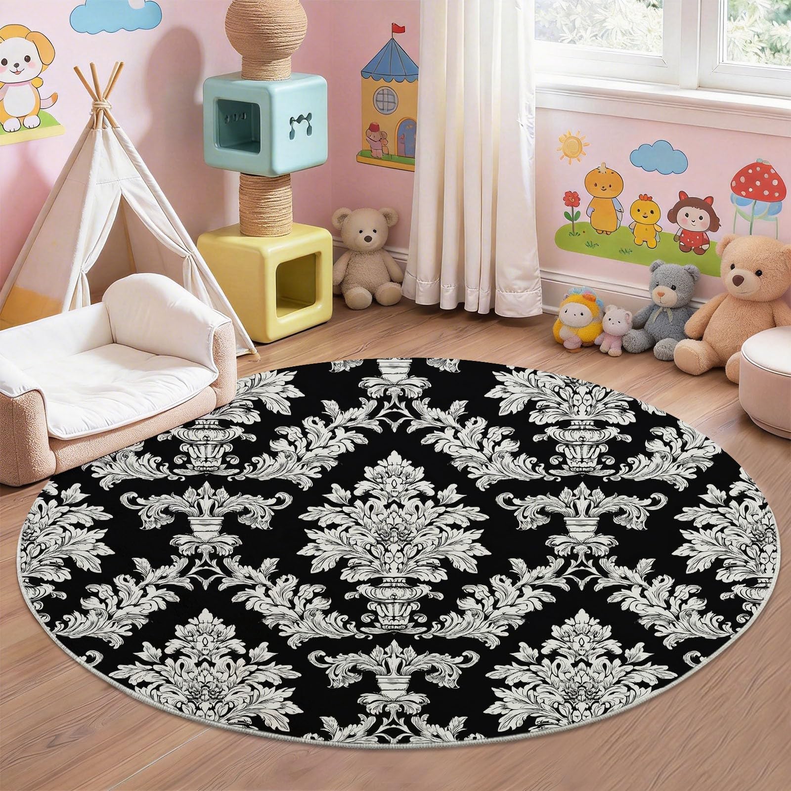 Générique 160 cm Rond Tapis Rond pour Salon, Chambre à Coucher et Cheminée Motif Motif Baroque Jacquard Damassé Vintage Lavable en Machine et Antidérapant Noir