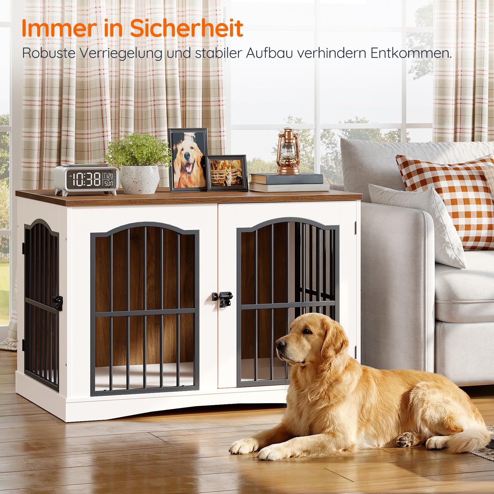 HOOBRO Hundekäfig Möbel, 100cm Hundebox für Zuhause, Moderne Hundebox Indoor mt 3 Türen für mittelgroße Hunde, für Wohnzimmer, Schlafzimmer, Treppenhaus, 100 x 60 x 67,5 cm, Weiß und Walnuss EWH66GW03