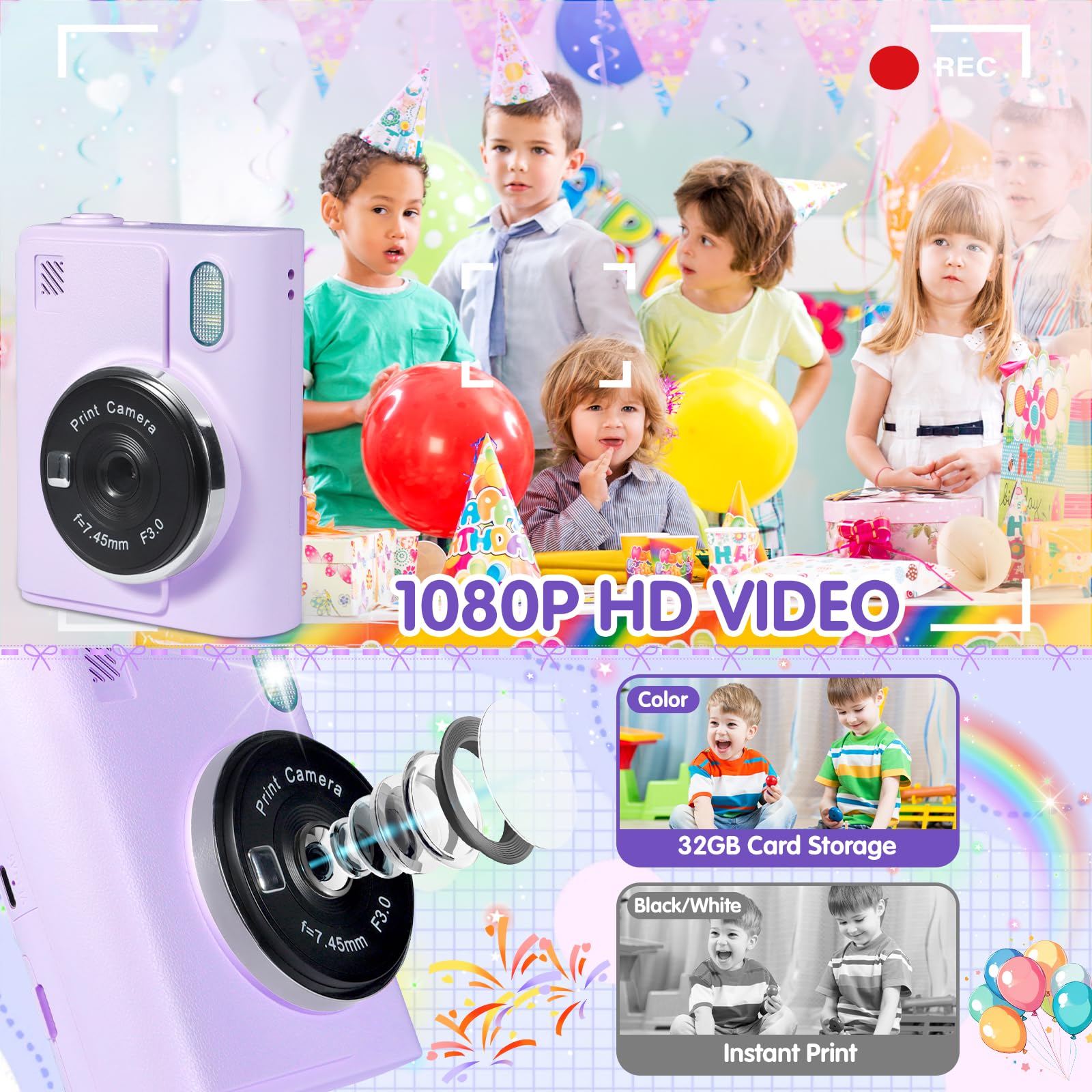 Camara Fotos Infantil Instantanea, HD 1080P Camara de Fotos Instantaneas, con Tarjeta de 32G y 6 Rollos Papel de Impresión, Cámara Instantánea, Regalo para Niñas y Niños de 3 a 12 Años