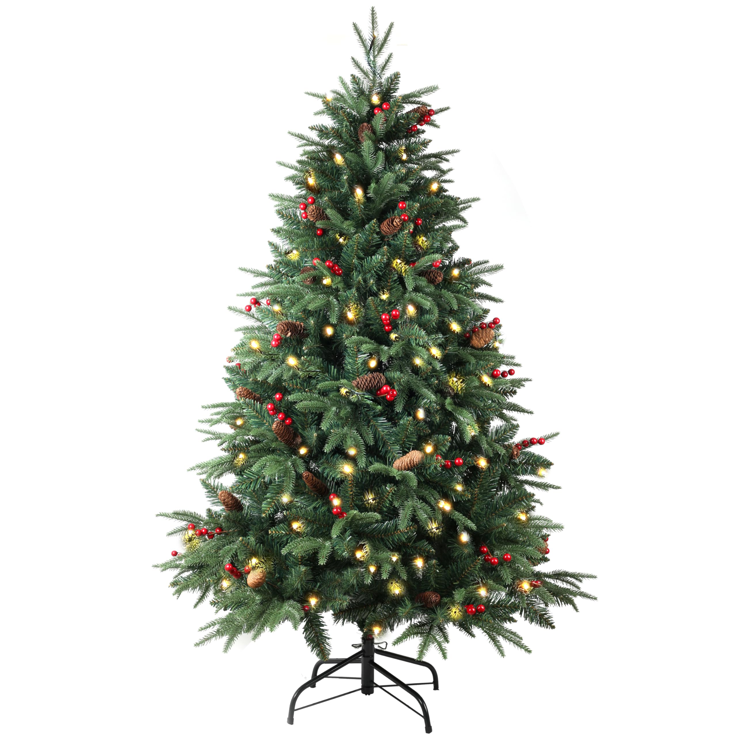 5ft Pre-lit Artificial Christmas Tree,600 Branches Tips & 40 Red Berries & 40 Pinecone & 150 LED Lights & Metal Foldable Stand Decorate Large Xmas Tree