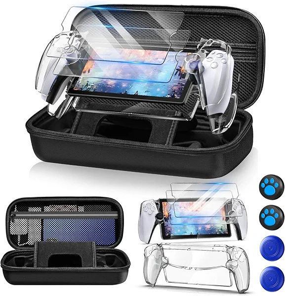 Auarte 12 in 1 Accessories Set for Playstation Portal Remote Player, Hard Carrying Case for PS Portal with Clear Skin Case for PS5 Portal, 2 Screen Protector with 4 Thumb Grip, Carbon Black