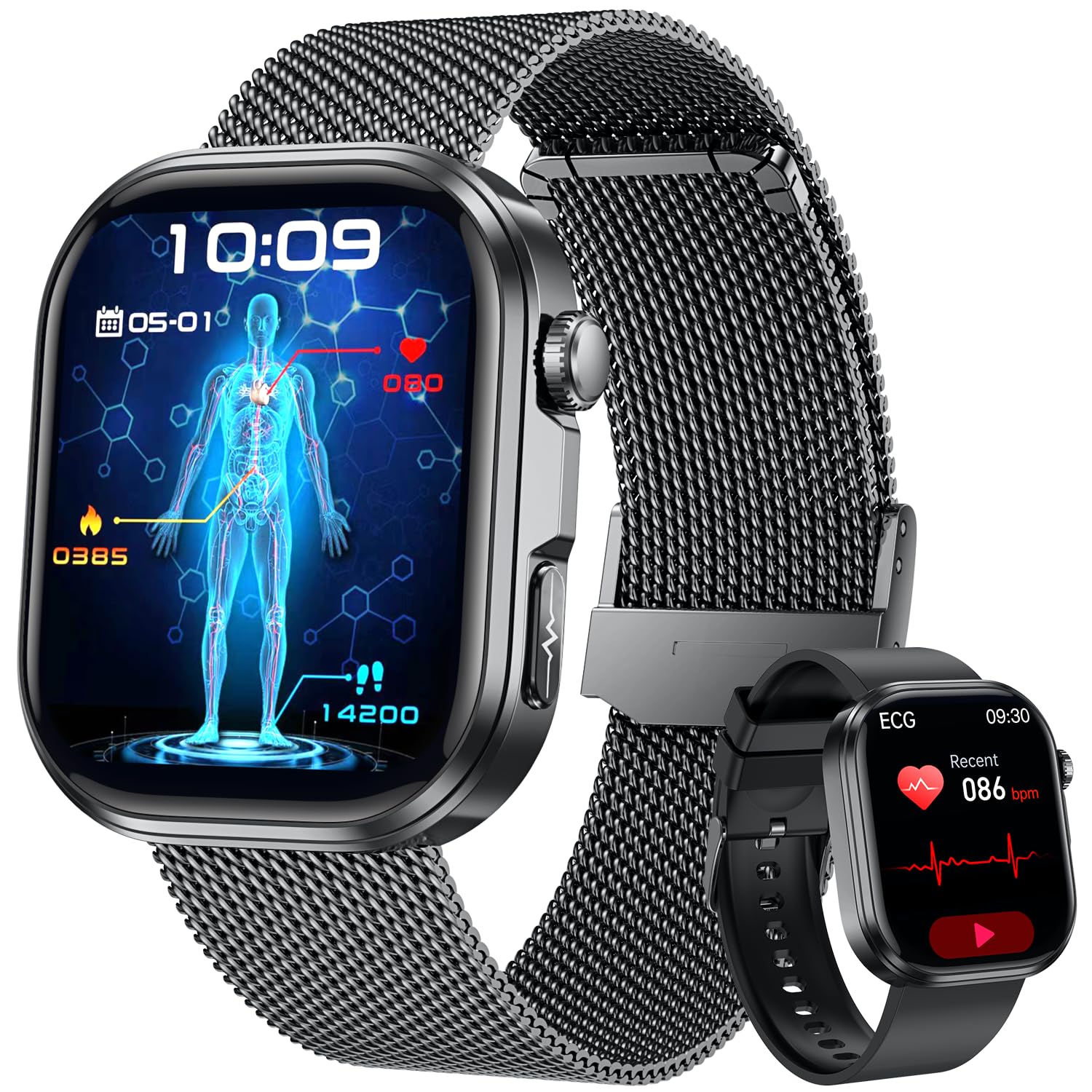 Smartwatch Damen mit EKG 𝐇𝐑𝐕 Blutdruck Herzfrequenz: Smart Watch Gold 𝐄𝐂𝐆 Gesundheitsuhr 1,88" Eckig Edelstahlarmband Armbanduhr Wasserdicht Schrittzähler Blutsauerstoff Telefonfunktion Fitness