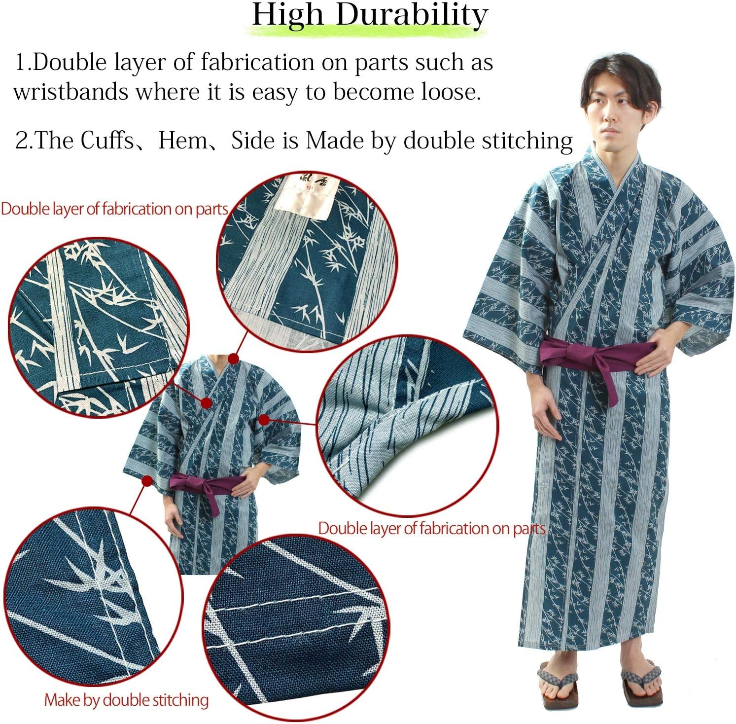 Fuuka Japanese Kimono Unisex Roomwear Indoor Yukata and OBI Belt Set of 2 S/M/L/LL Size 6 Pattern