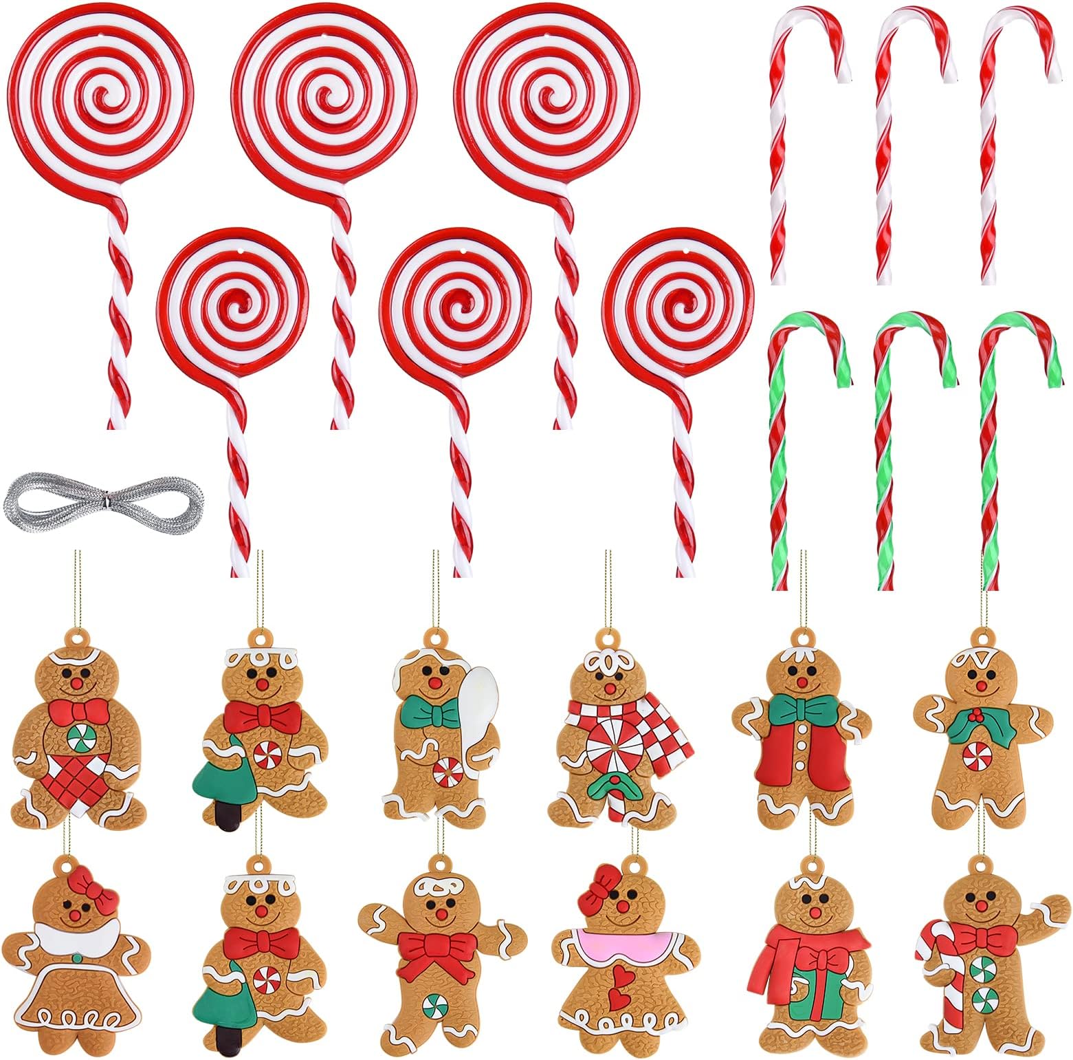 24 Pcs Gingerbread Man and Candy Cane Lollipop Hanging Ornaments for Christmas Tree Decorations, Xmas Holiday Party Favors