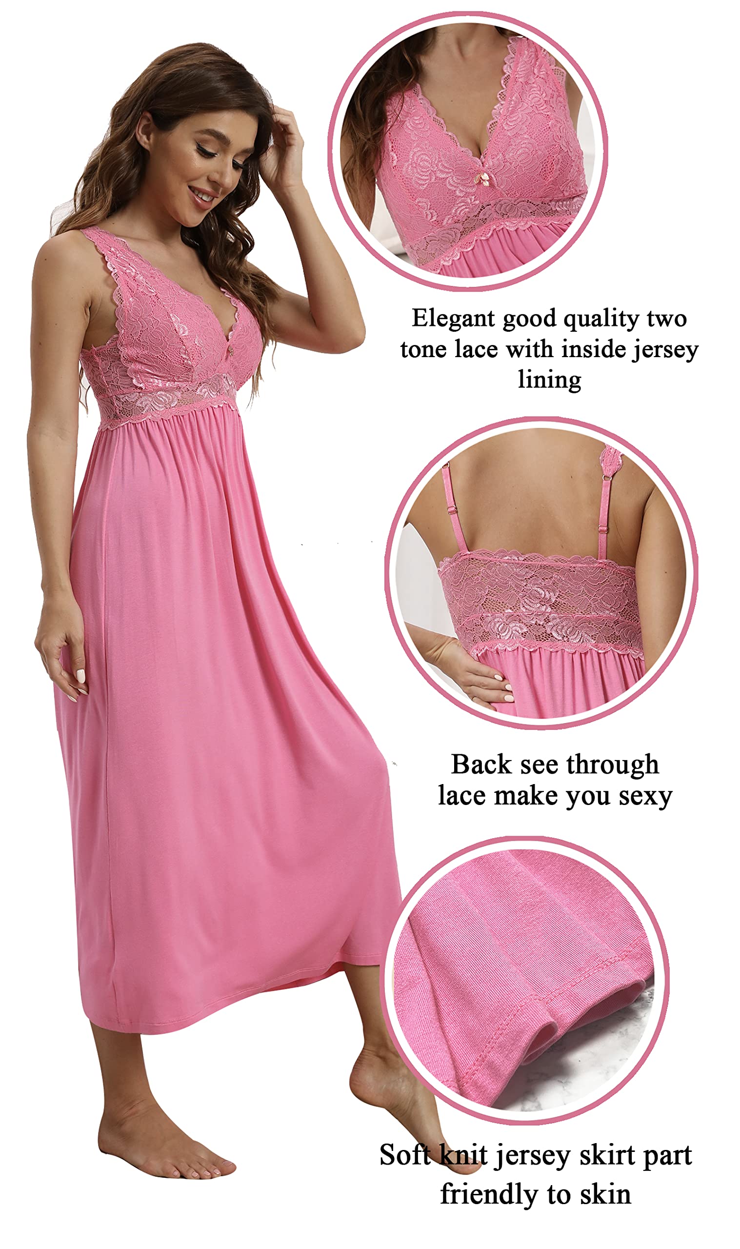 ALCEA ROSEA Ropa de dormir para mujer, lencería de encaje con cuello en V, camisón largo y sexy, sin mangas, elegante