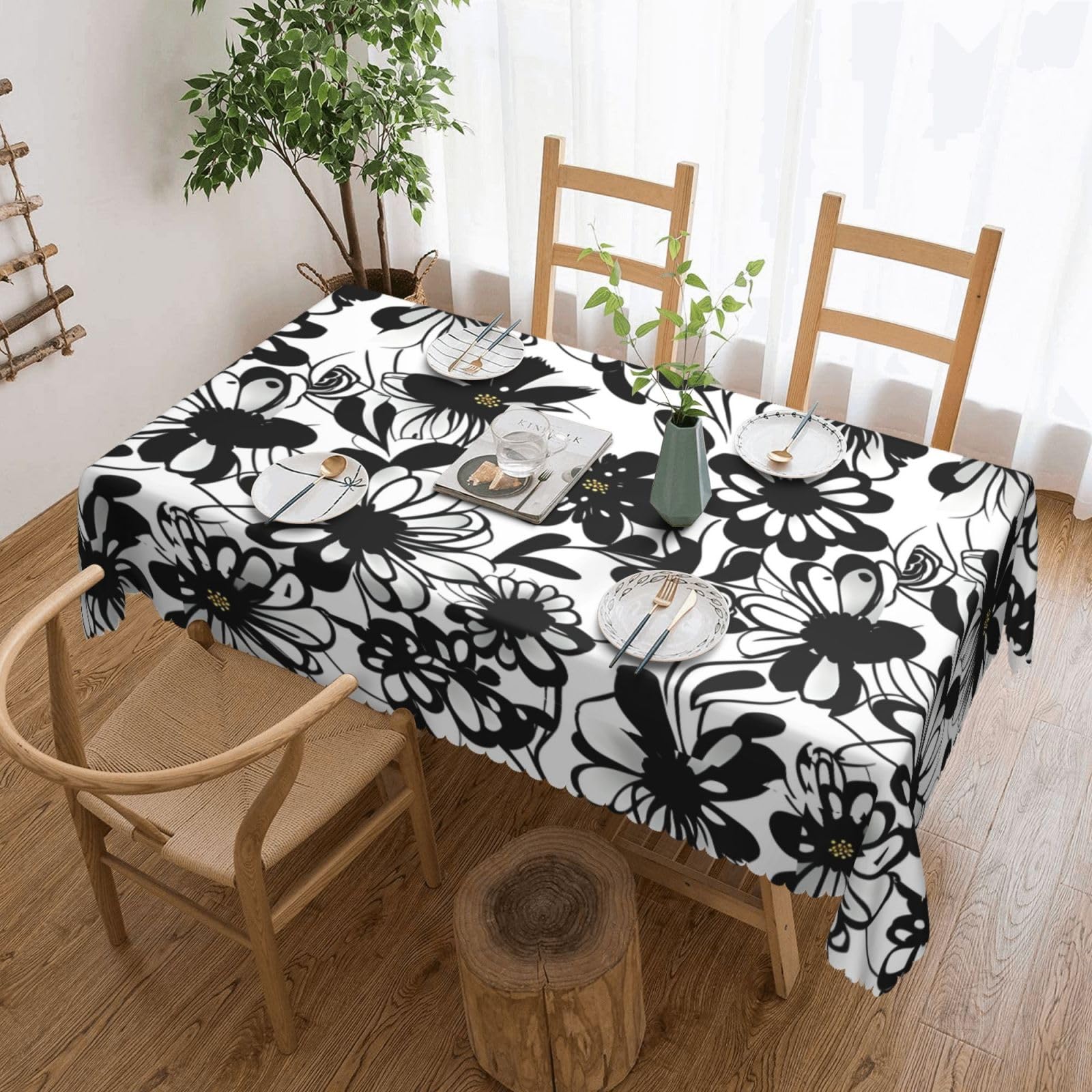 Nappe rectangulaire fleurs noires et blanches pour pique-nique et buffet