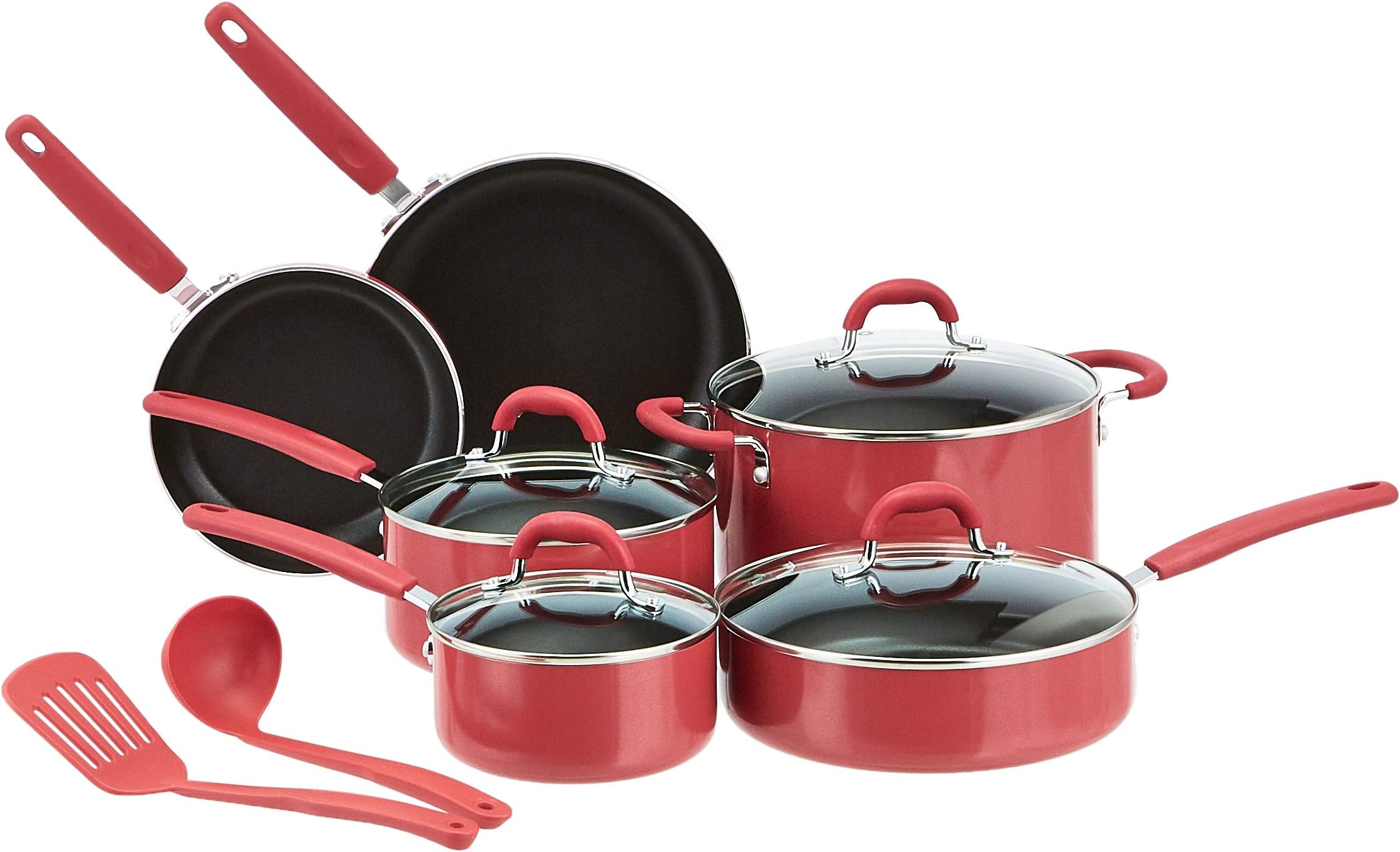 Aluminum Non-Stick Cookware Set, Oven Safe, Dishwasher Safe, Stay-Cool Handles, 12-Piece, Red