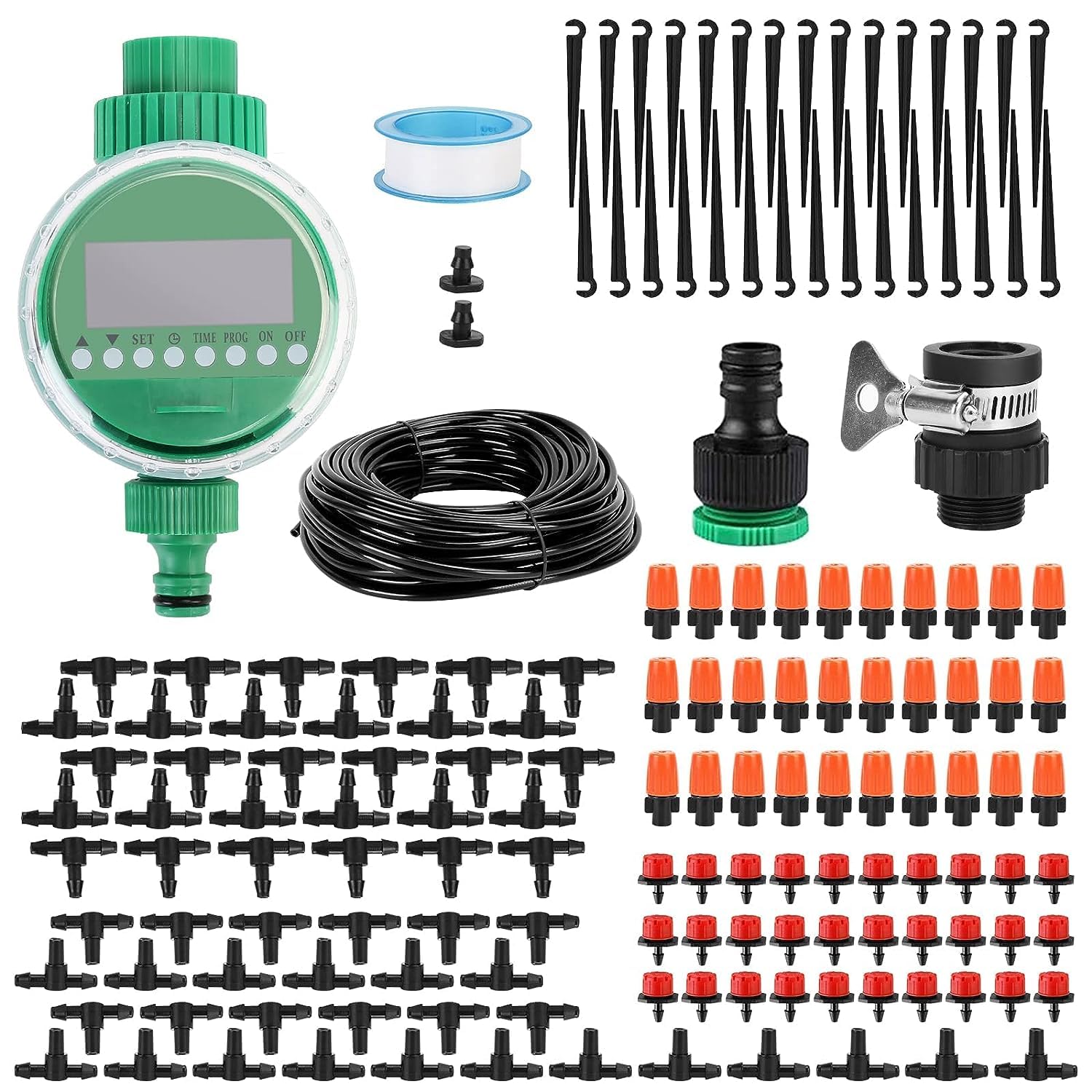 Drip Irrigation Kit 158PCS Greenhouse Watering System Automatic Irrigation System with Timer for Garden with 82ft/25M Distribution Tubing Hose & Adjustable Nozzle Emitters Sprinkler Barbed Fittings