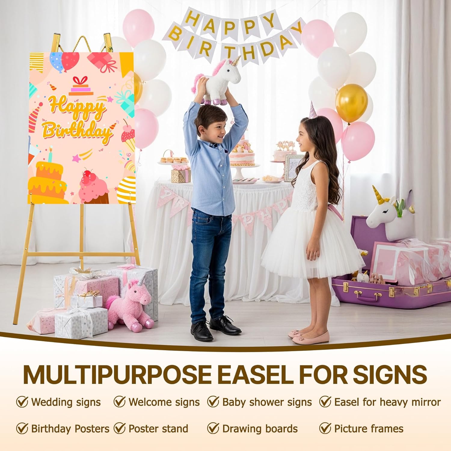 57.5" Gold Easel Stand for Sign, Wedding Sign Stand for Display, Assembly Required, 4 Adjustable Height Levels Heavy Duty Metal Display Stand Floor Standing Easels for Art, Paintings, Pictures