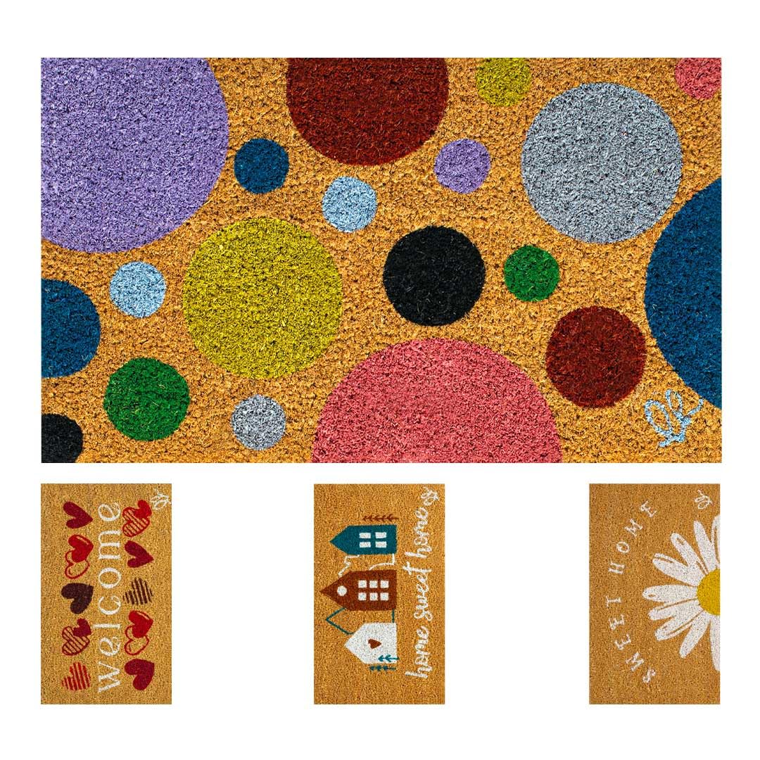 OLIVO.shop | Fantasy 12 - Felpudo para entrada de casa, alfombra de entrada interior, felpudo de entrada exterior, felpudo de fibra de coco natural con estampados de colores, 30 x 50 cm (circles)