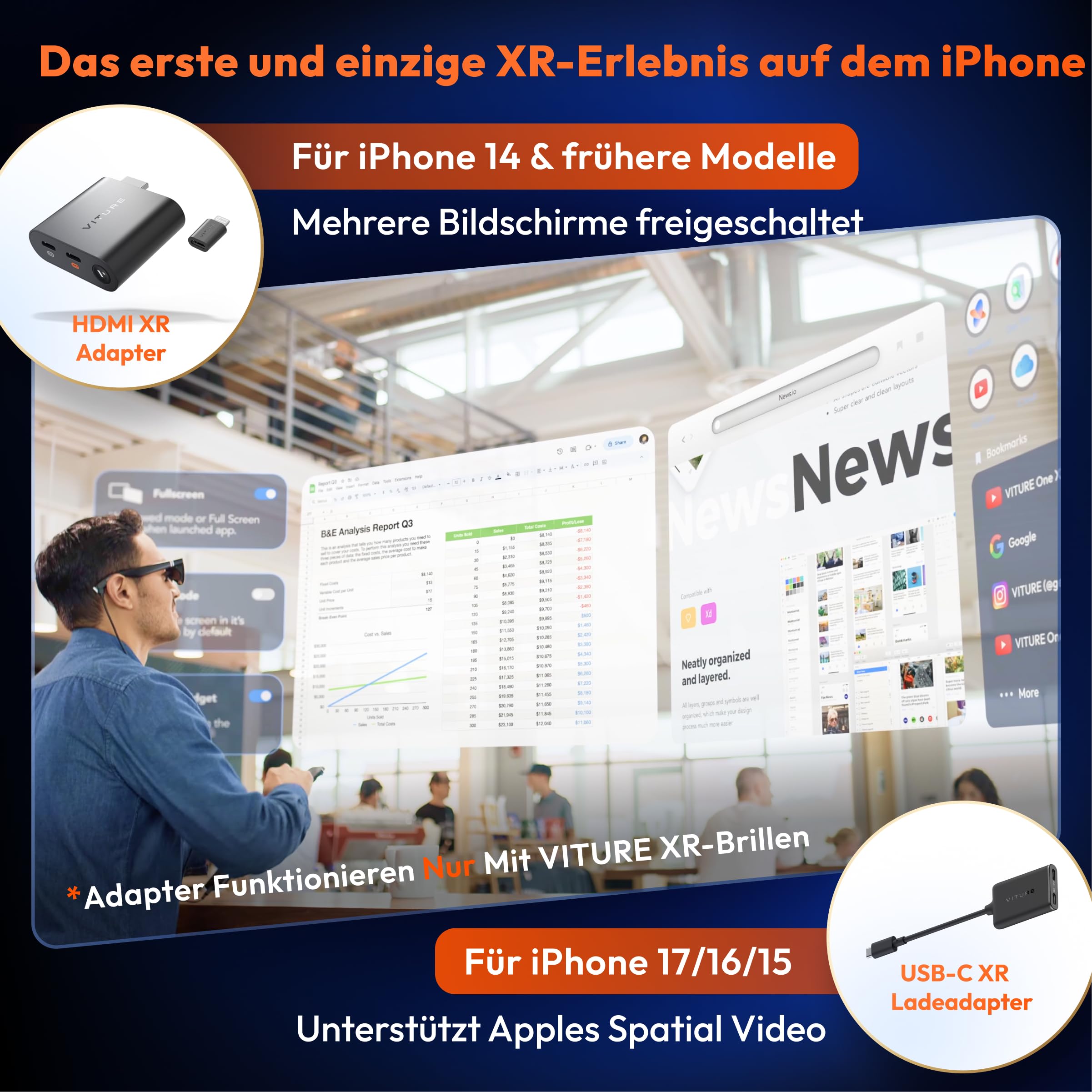 VITURE HDMI XR-Adapter für iPhone 14 & frühere Modelle, ermöglicht MultiScreen/verbesserte 3DoF/VR-Videos,2,8 Stunden Batterielaufzeit, Laden während des Spielens, Direkt auf PS/Xbx/konsolen