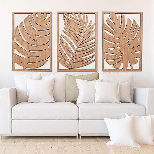 Miniatura 7 de Leaves Wood Wall Art Panels Set of 3 Tropical Monstera Leaf Wall Decor, Boho, Modern Farmhouse
