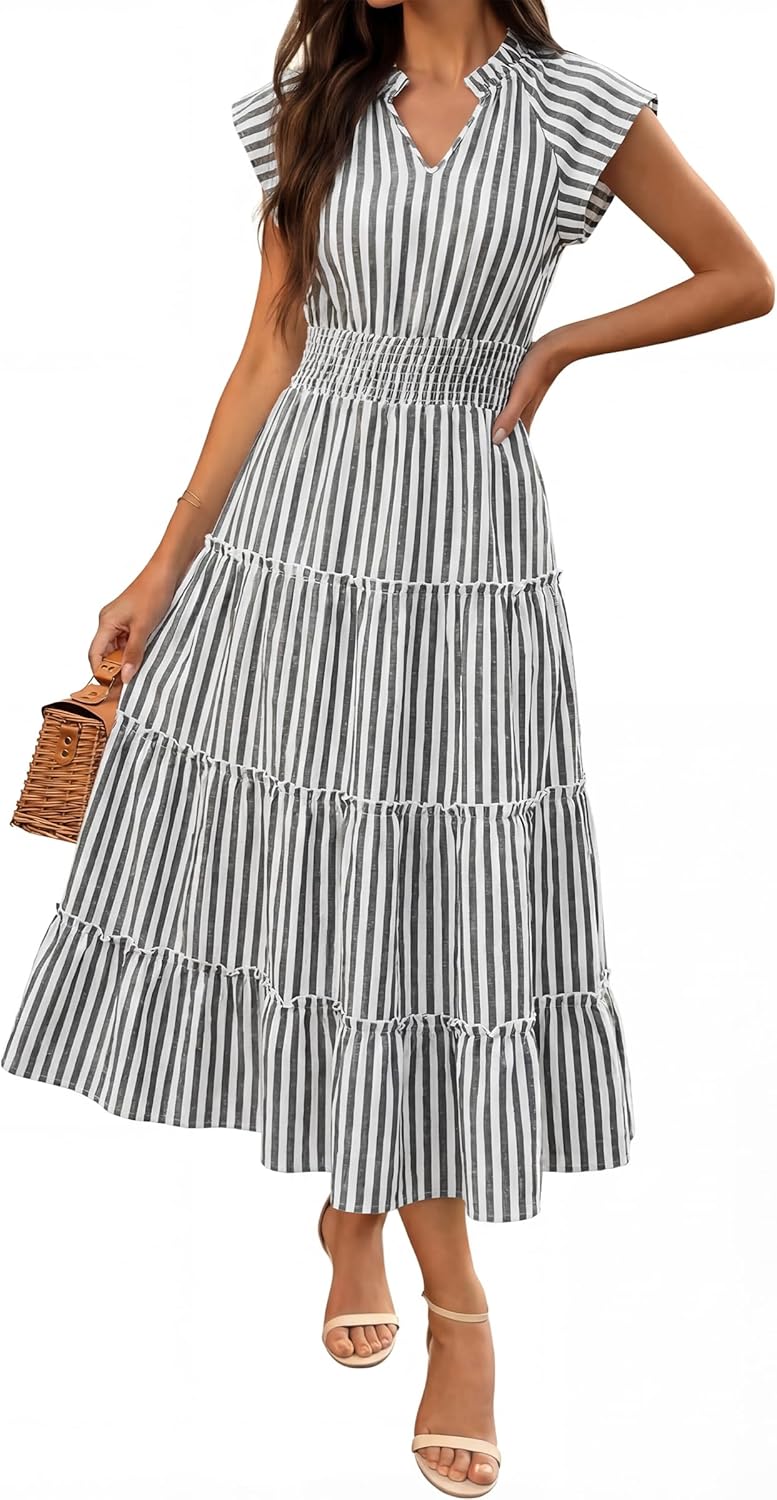 Caracilia Womens Summer Maxi Dresses Casual V Neck Cap Sleeve Gingham Striped Dress Flowy Tiered Beach Vacation Midi Sundress