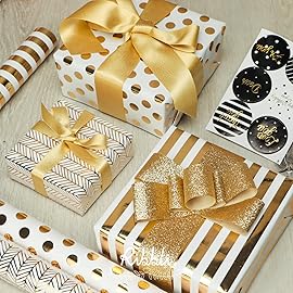 Ribbli Birthday Wrapping Paper White and Gold Gift Wrapping Paper for Christmas Mini Roll, 3 Rolls Polka Dots Stripes Geometry Pattern with Gold Foil - 17 inch x 120 inch(10feet) Per Roll