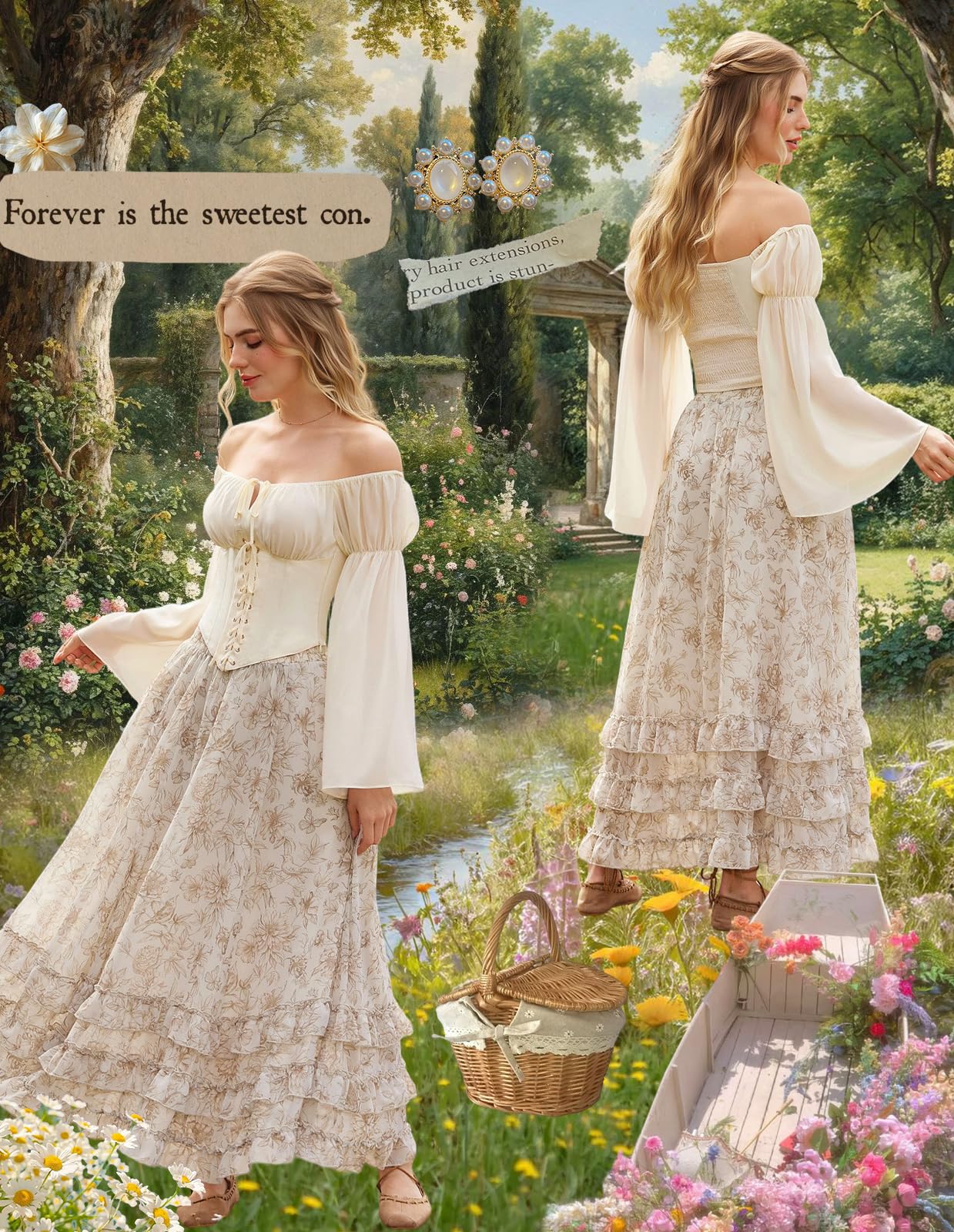 SCARLET DARKNESS Falda larga de gasa floral para mujer, cintura alta, elástica, con volantes, con bolsillos