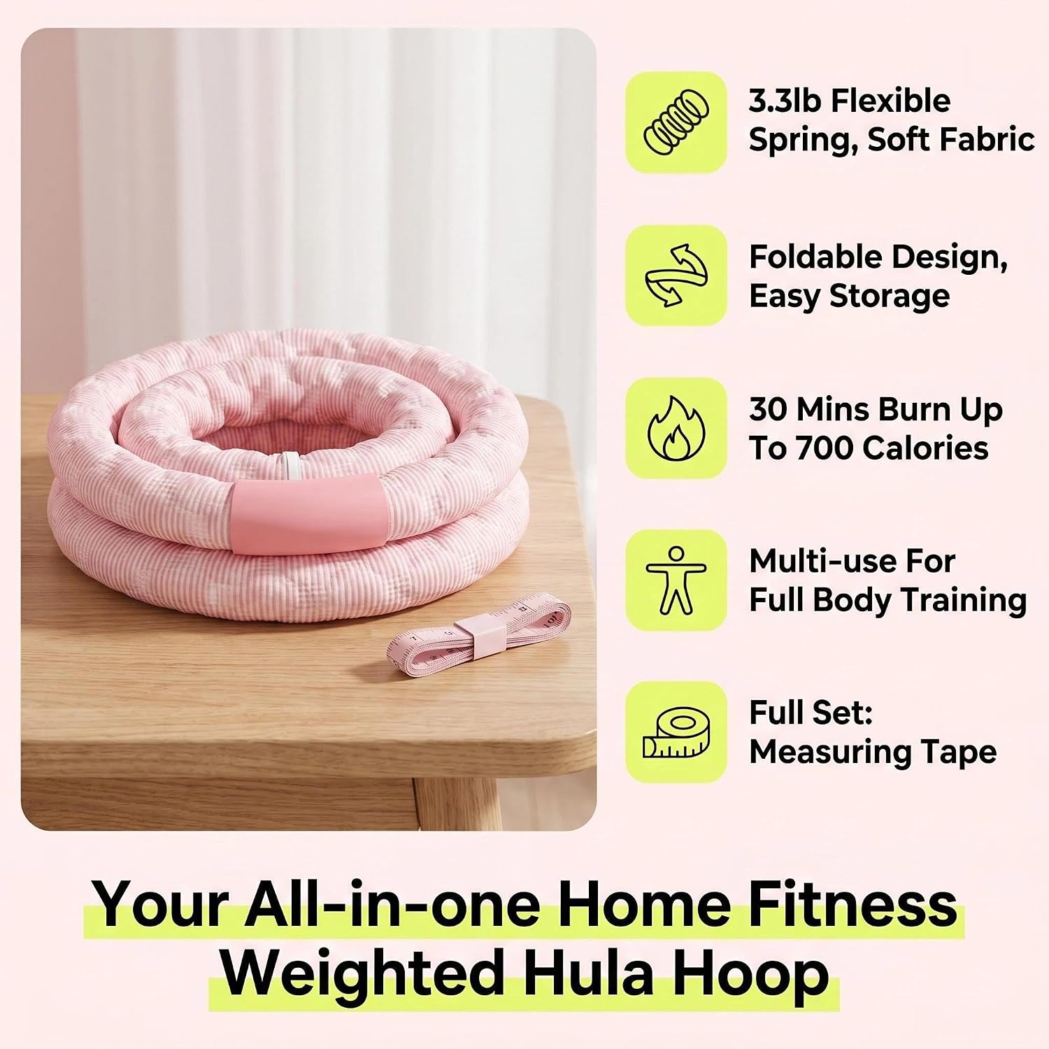 Upgraded Weighted Hoop for Adults - 3.3lb Soft Spring Fitness Hoop | Weighted Core Training Hoop for Adults, Adjustable 28-42 Inch Waist,Quiet Foldable Design, Portable with Storage Bag for Home