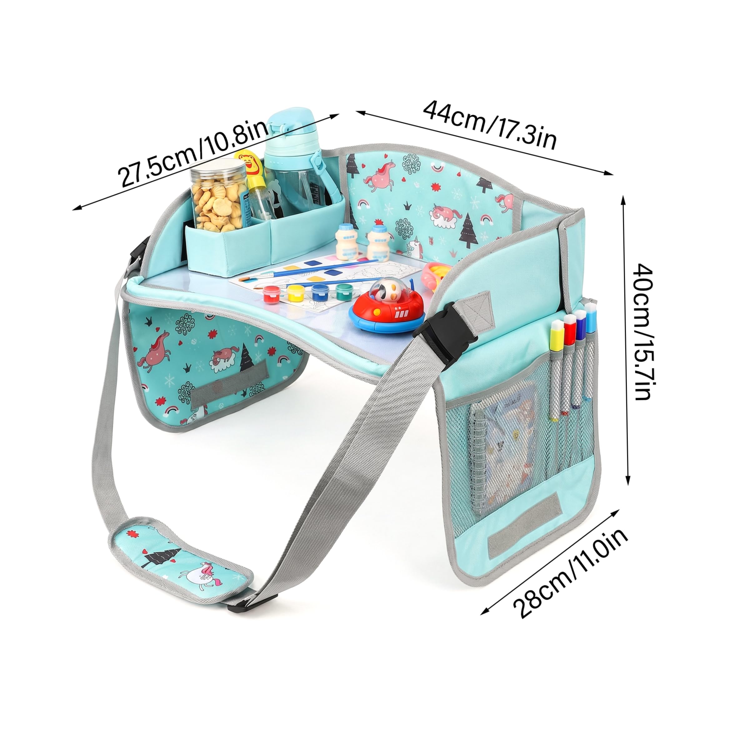 Vassoio da viaggio per seggiolino auto per bambini, tavolo per seggiolino auto Vassoio artistico pieghevole con tasche portaoggetti per scrivere, dipingere, giocare, verde