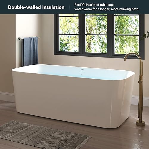 Miniatura 2 de FerdY Maui - Bañera independiente de acrílico de 67 pulgadas, diseño elegante contemporáneo con drenaje dorado pulido y desbordamiento de diseño